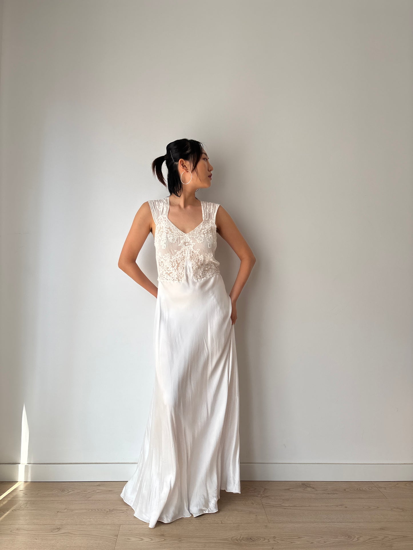 1930s Antique Bridal Silk Satin Dress, French Lace Embroidered Maxi Dress