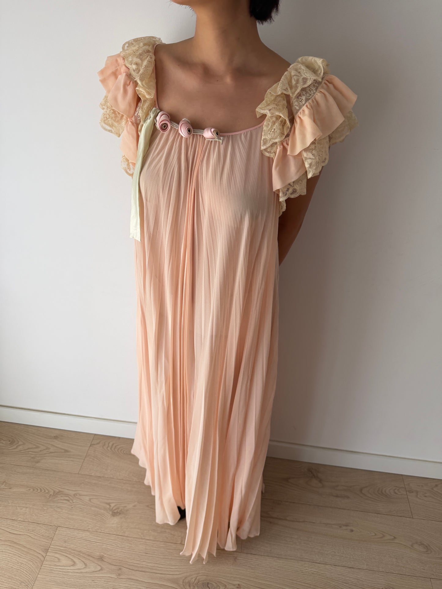 Vintage Peach Pure Silk Heavy Lace Nightgown With Rose, Florentine Floral Romantic Maxi Dress