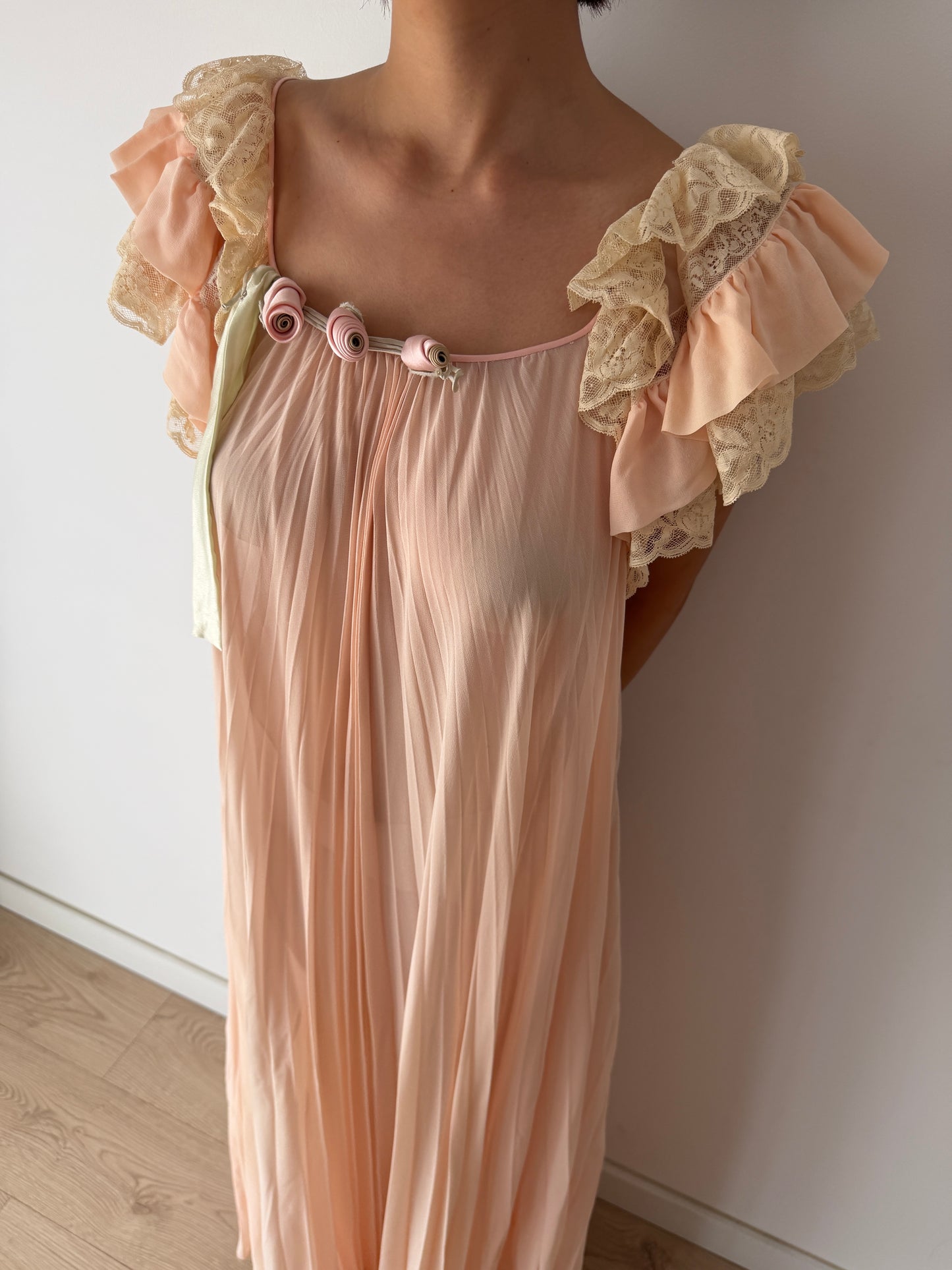 Vintage Peach Pure Silk Heavy Lace Nightgown With Rose, Florentine Floral Romantic Maxi Dress