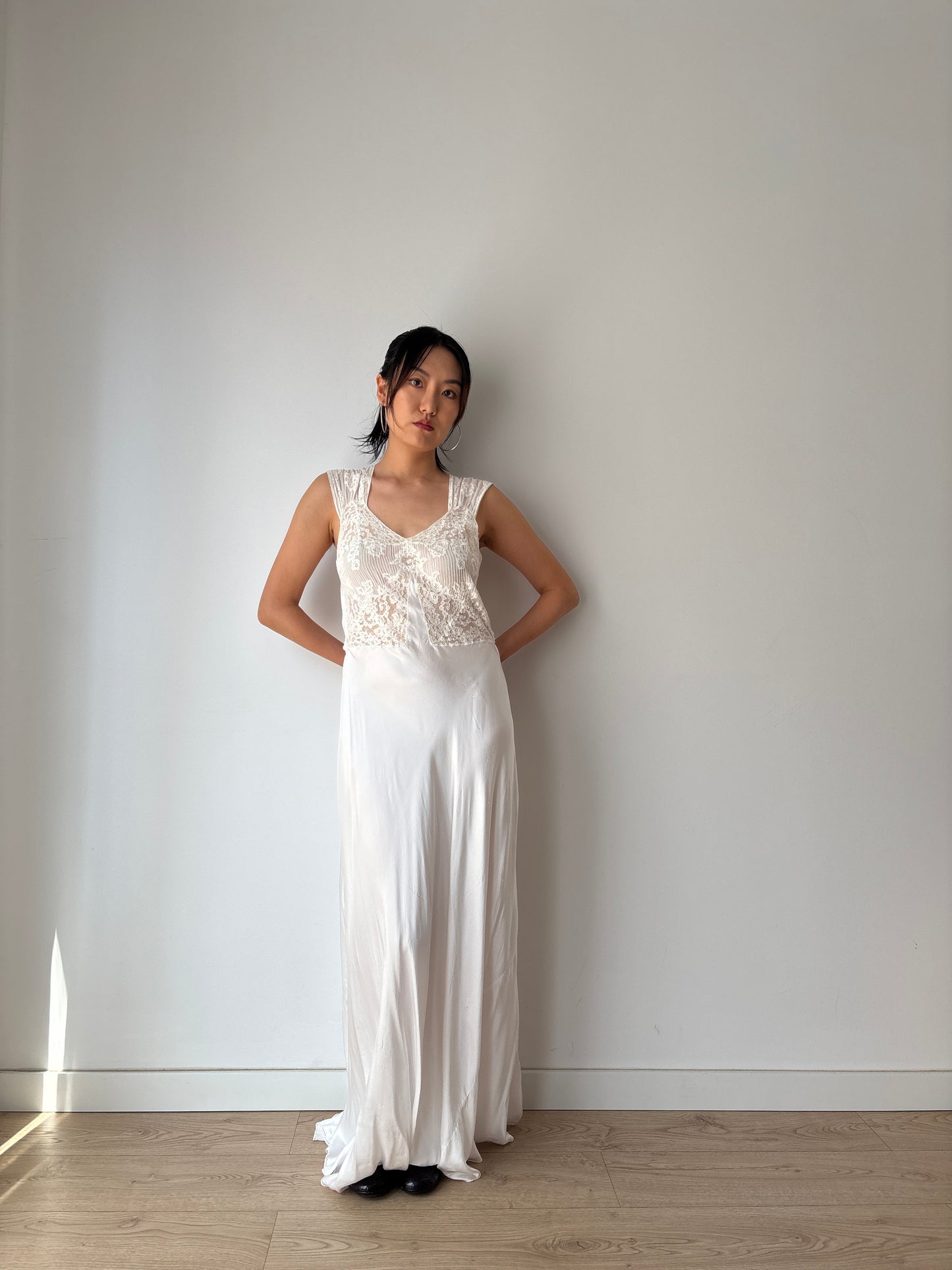 1930s Antique Bridal Silk Satin Dress, French Lace Embroidered Maxi Dress