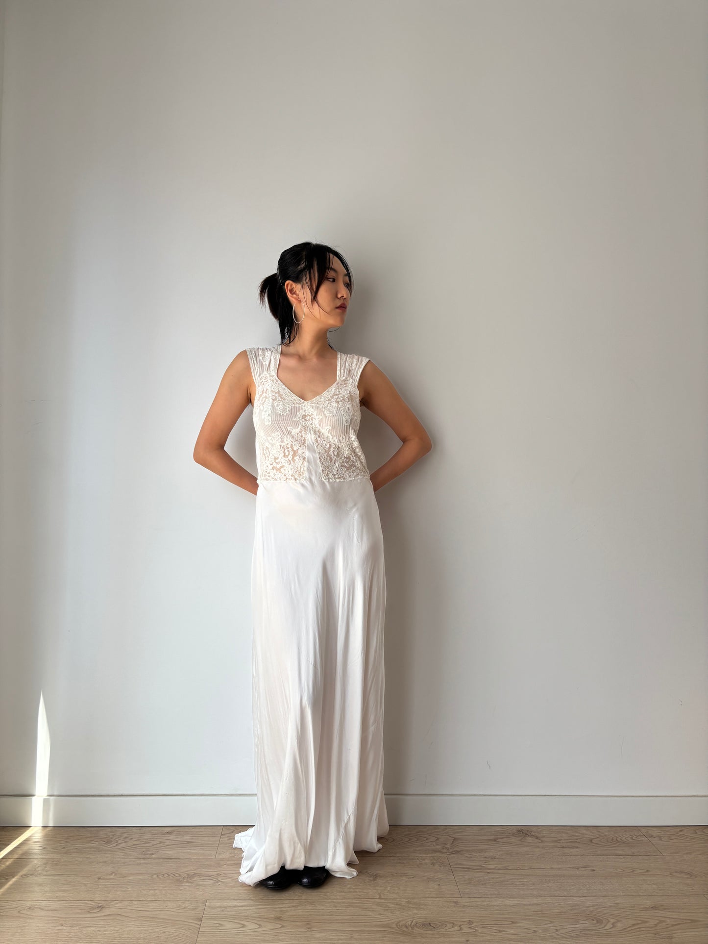 1930s Antique Bridal Silk Satin Dress, French Lace Embroidered Maxi Dress