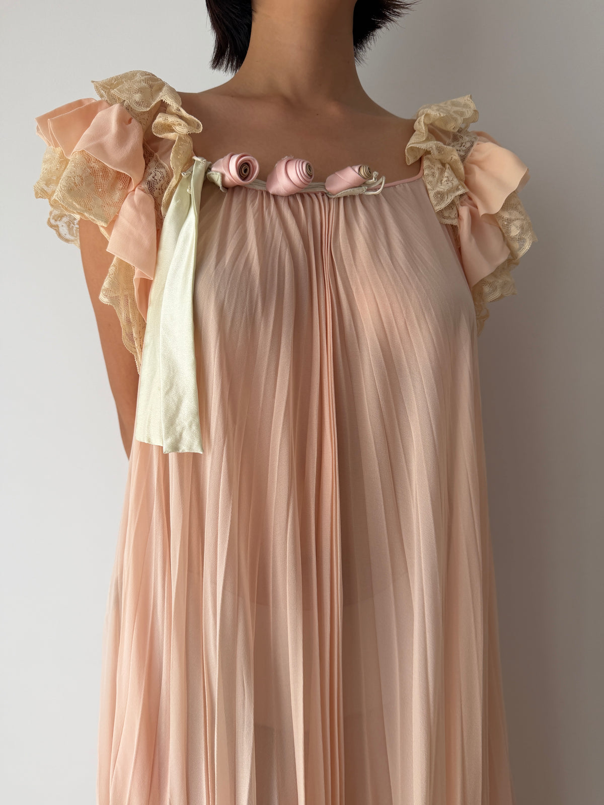 Vintage Peach Pure Silk Heavy Lace Nightgown With Rose, Florentine Floral Romantic Maxi Dress