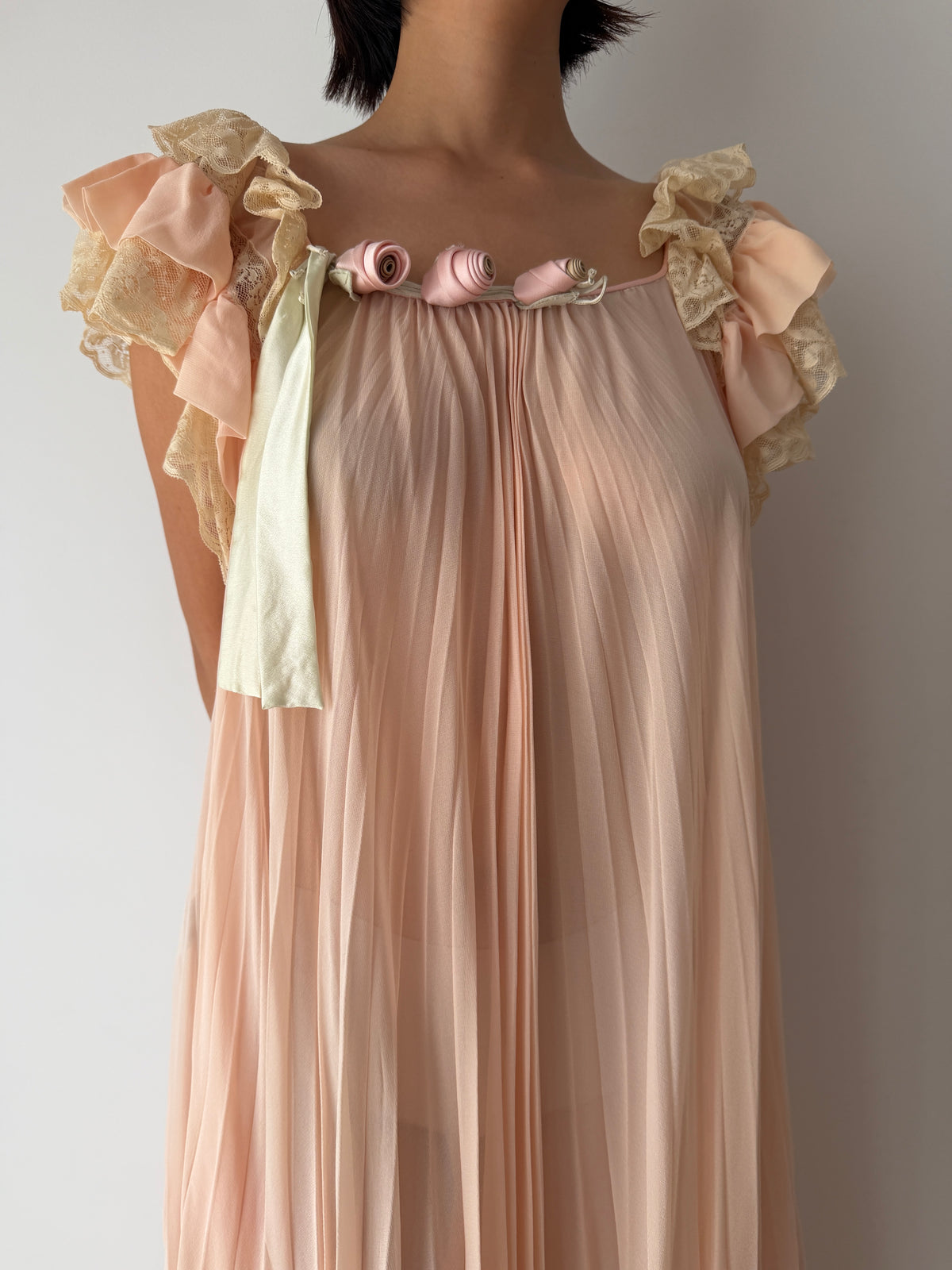 Vintage Peach Pure Silk Heavy Lace Nightgown With Rose, Florentine Floral Romantic Maxi Dress