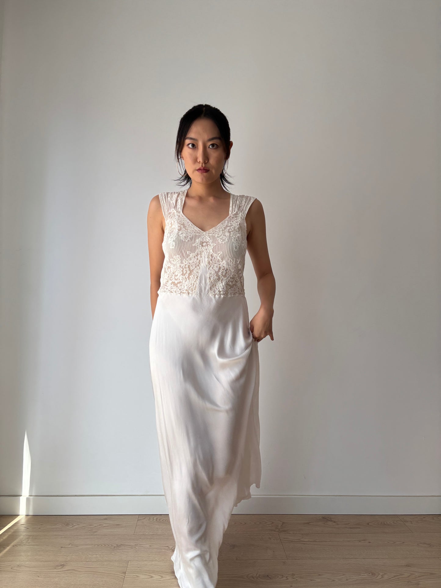 1930s Antique Bridal Silk Satin Dress, French Lace Embroidered Maxi Dress