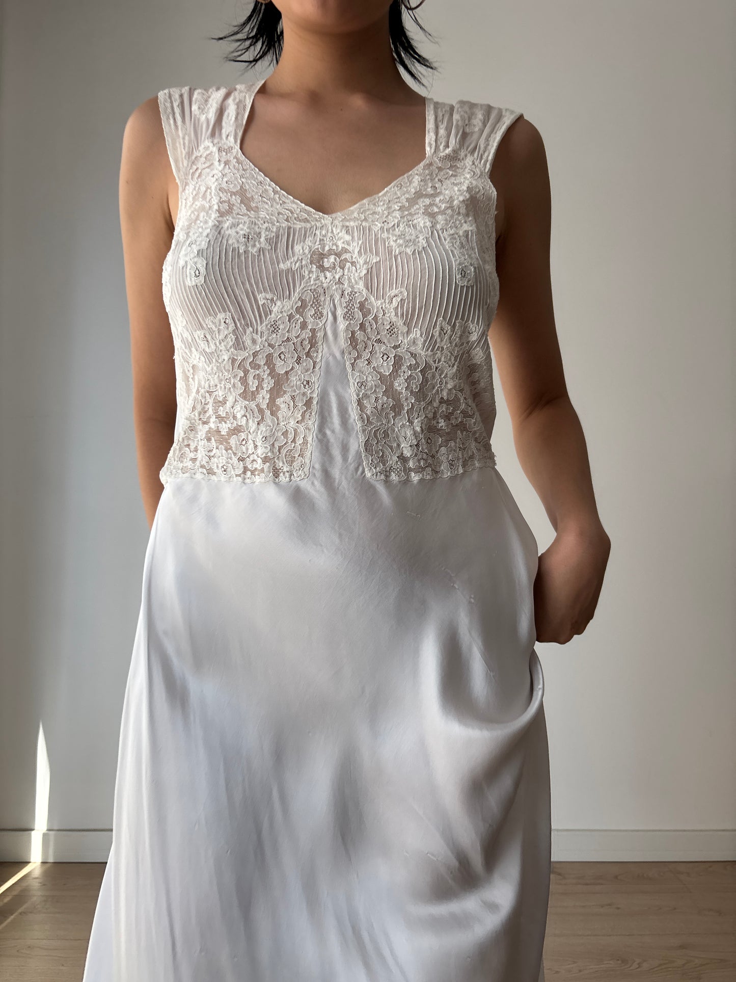 1930s Antique Bridal Silk Satin Dress, French Lace Embroidered Maxi Dress