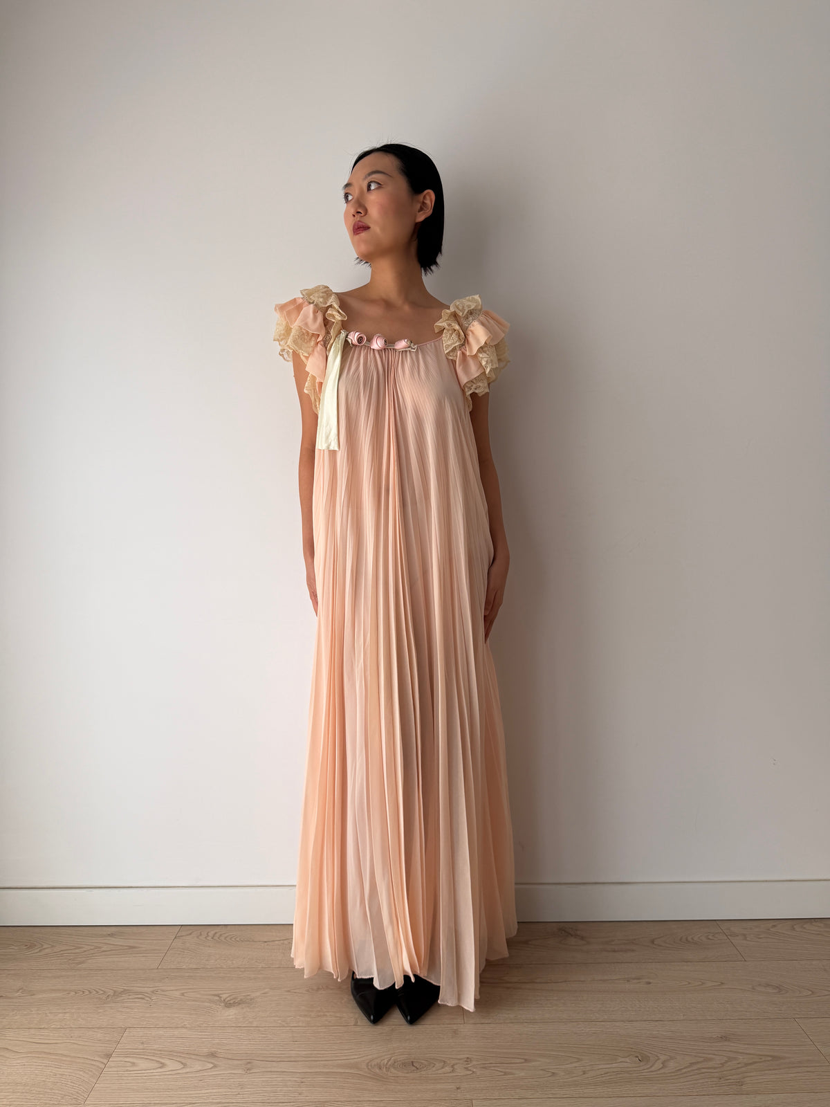 Vintage Peach Pure Silk Heavy Lace Nightgown With Rose, Florentine Floral Romantic Maxi Dress