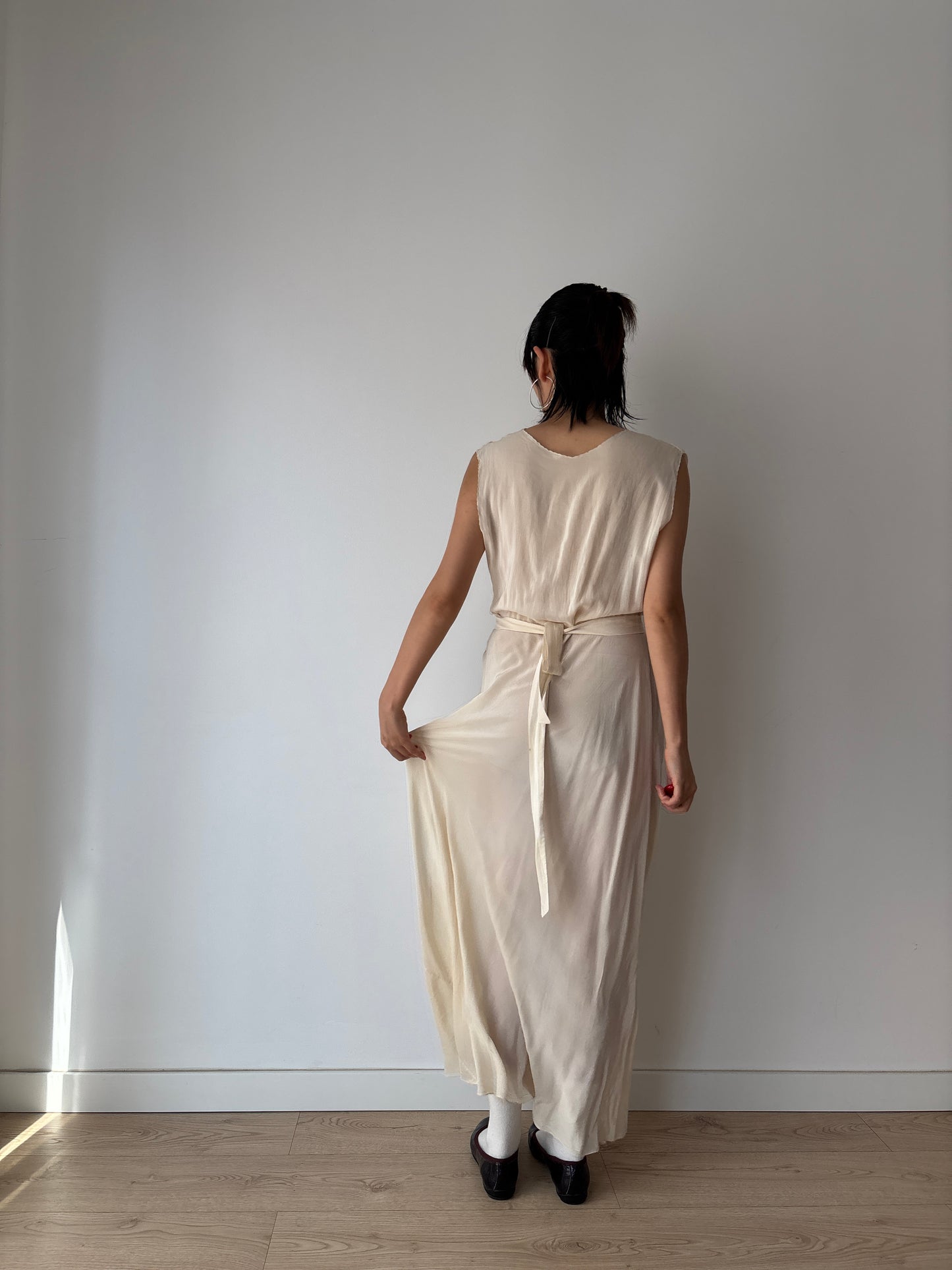 1930s Antique Bridal Lace Bias Cut Negligee Silk Floral Appliqué Dress