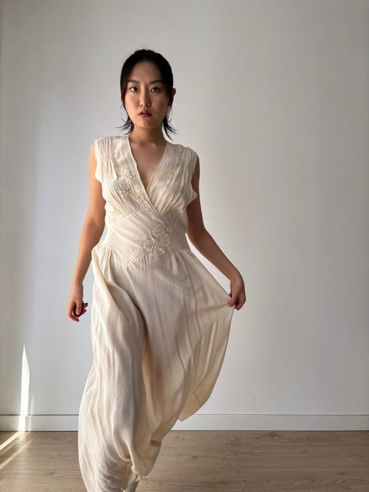 1930s Antique Bridal Lace Bias Cut Negligee Silk Floral Appliqué Dress