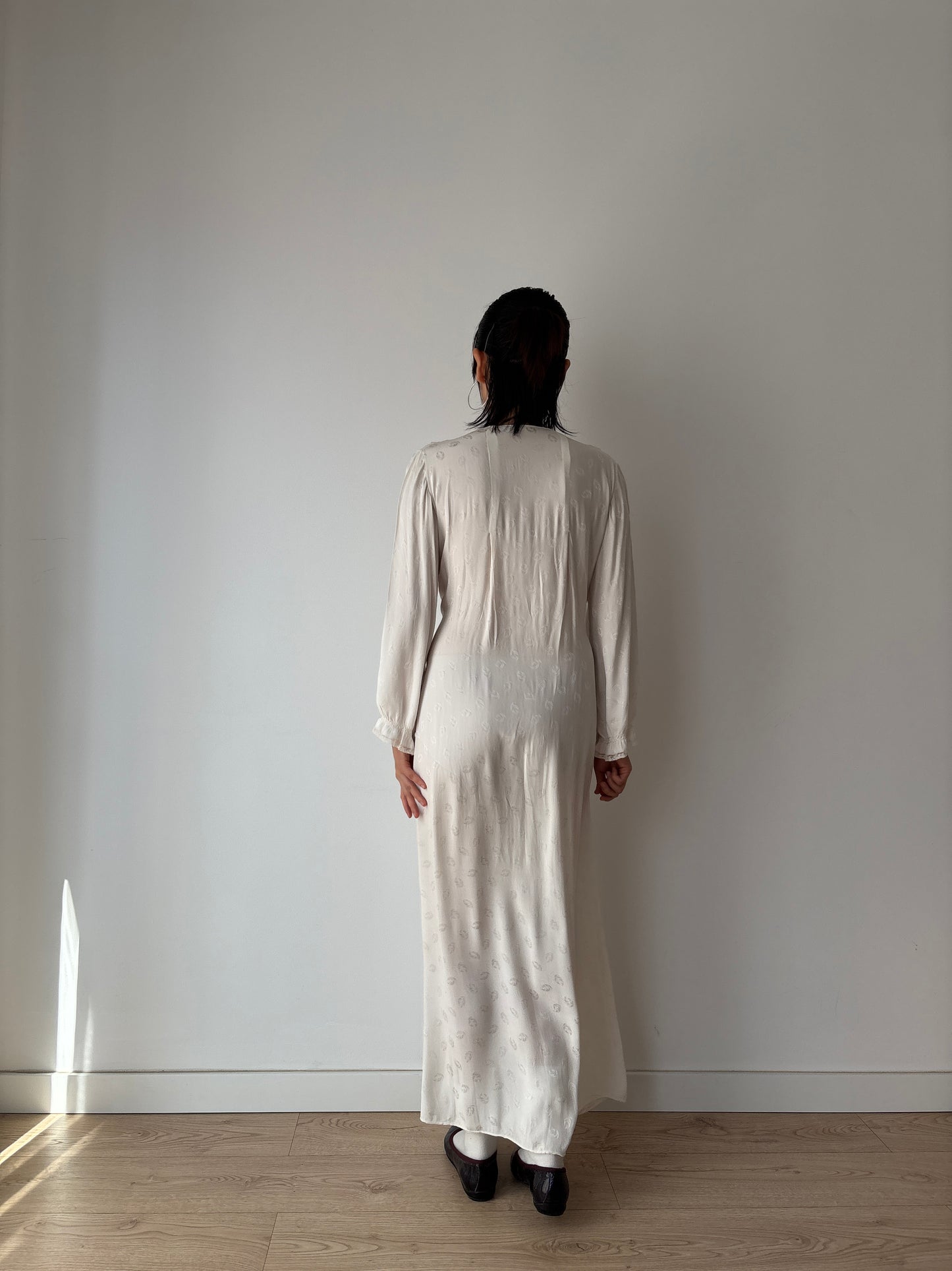 1940s Bridal Pure Silk Maxi Dress, White Embroidered Floral Wedding Gown