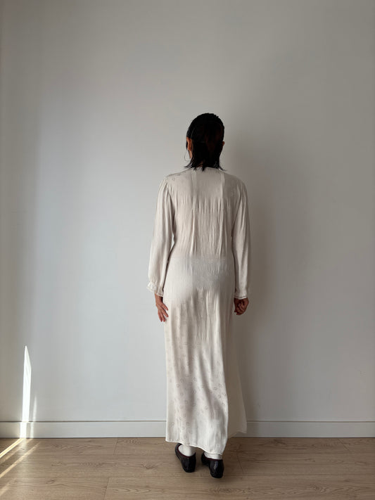 1940s Bridal Pure Silk Maxi Dress, White Embroidered Floral Wedding Gown