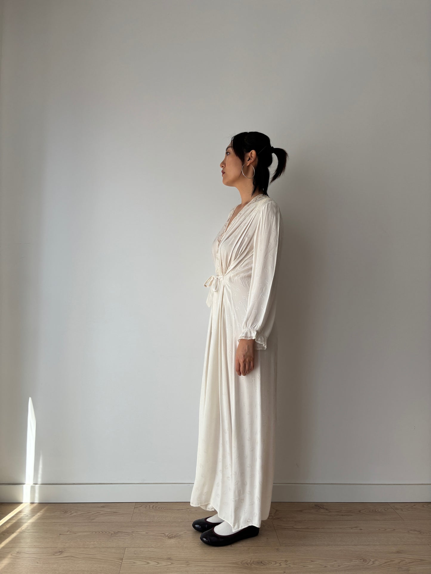 1940s Bridal Pure Silk Maxi Dress, White Embroidered Floral Wedding Gown