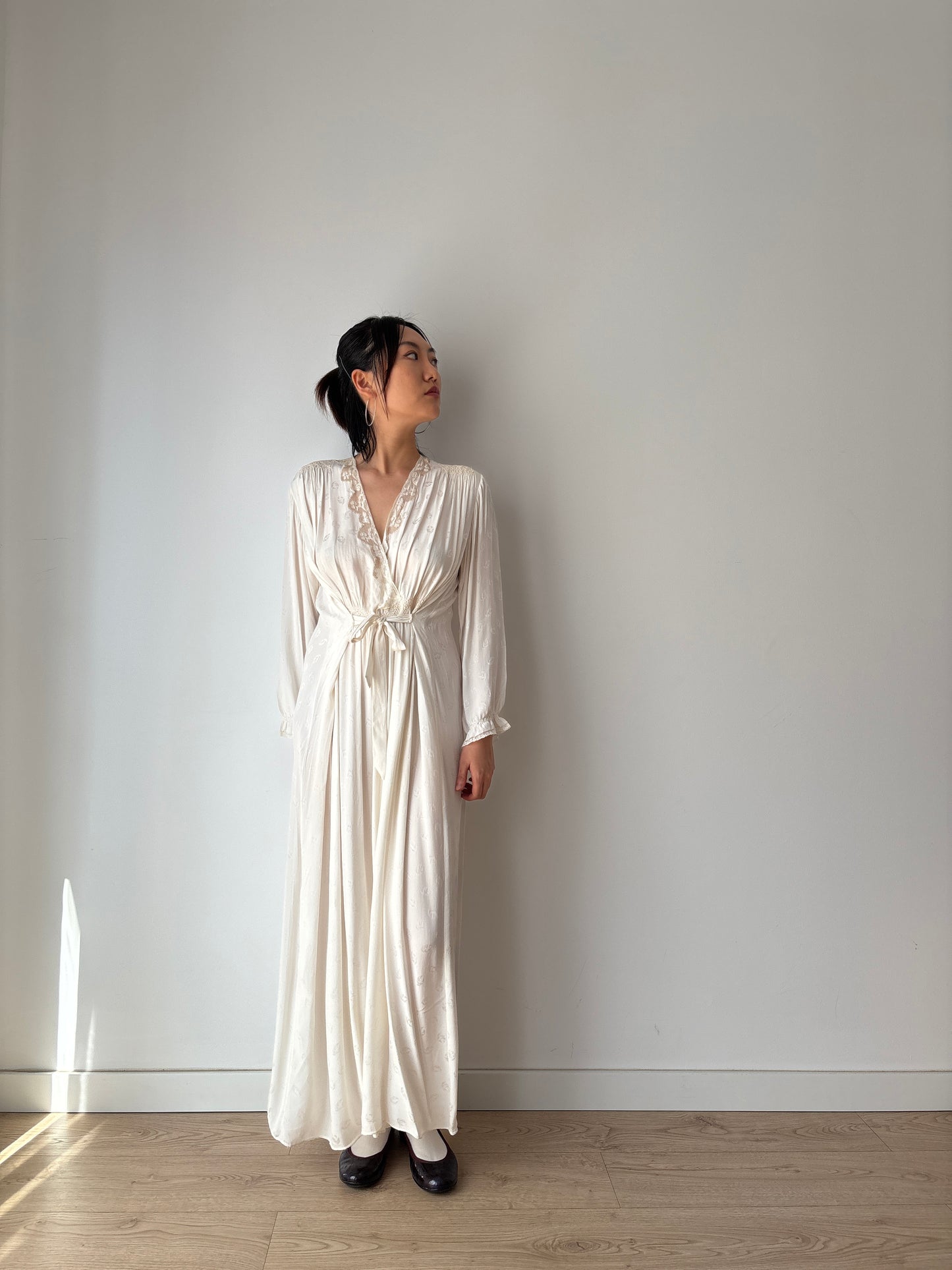 1940s Bridal Pure Silk Maxi Dress, White Embroidered Floral Wedding Gown