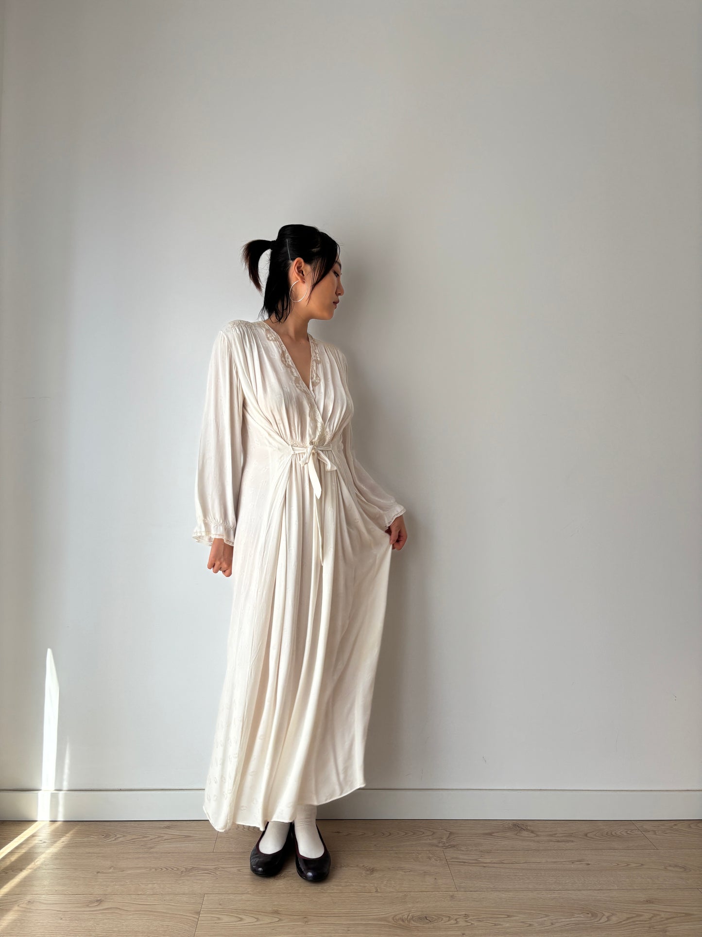 1940s Bridal Pure Silk Maxi Dress, White Embroidered Floral Wedding Gown