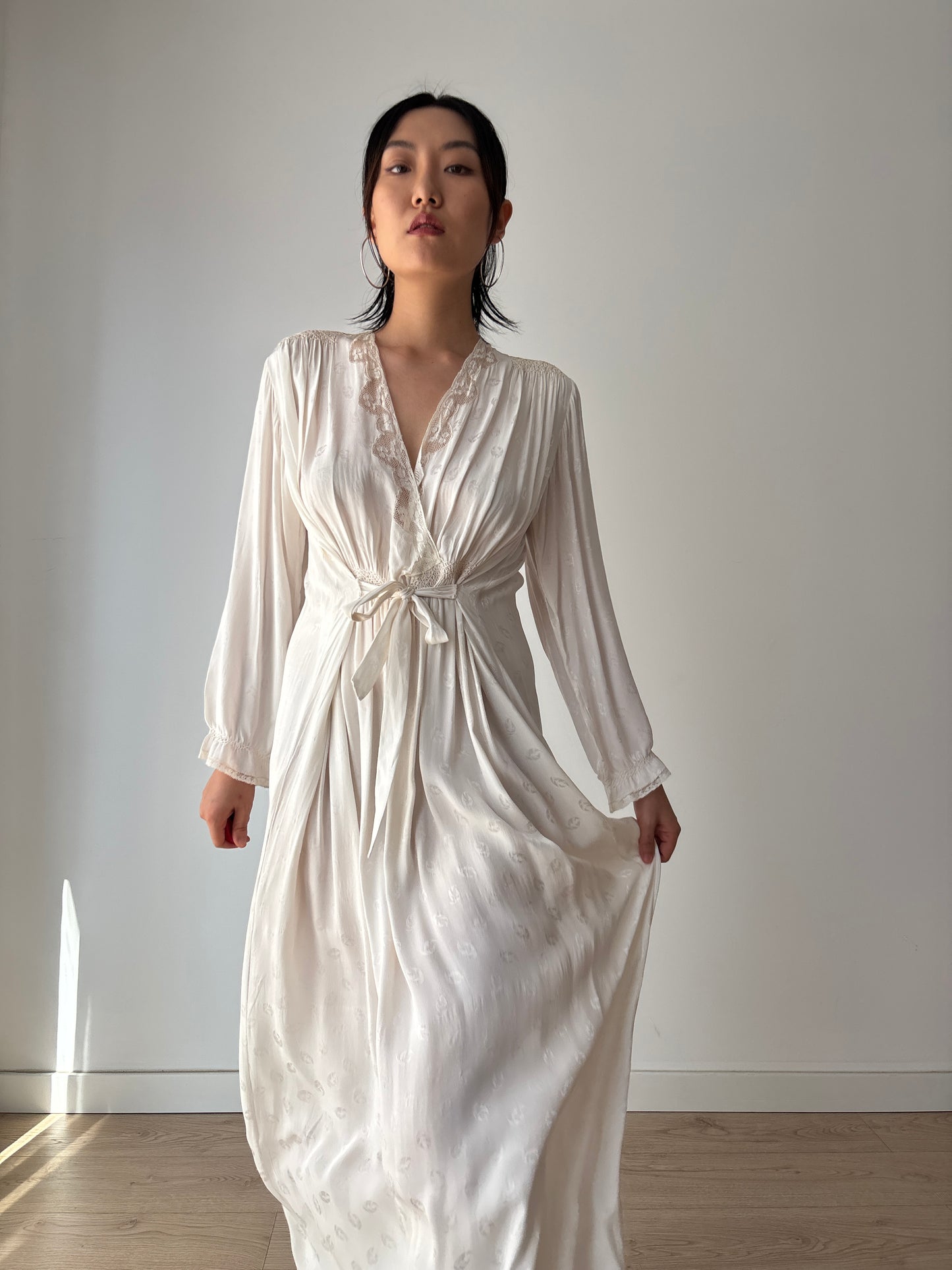 1940s Bridal Pure Silk Maxi Dress, White Embroidered Floral Wedding Gown