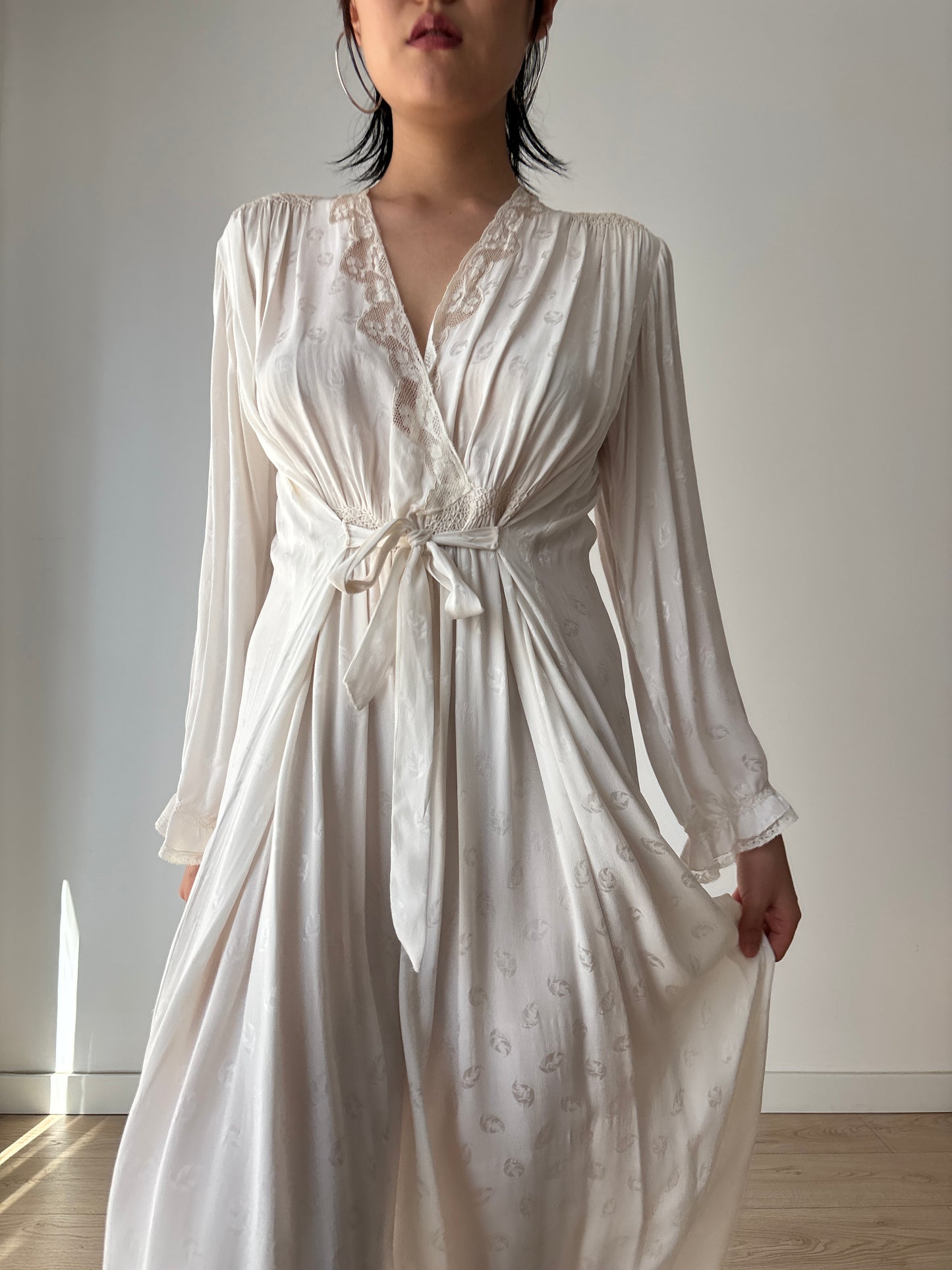 1940s Bridal Pure Silk Maxi Dress, White Embroidered Floral Wedding Gown