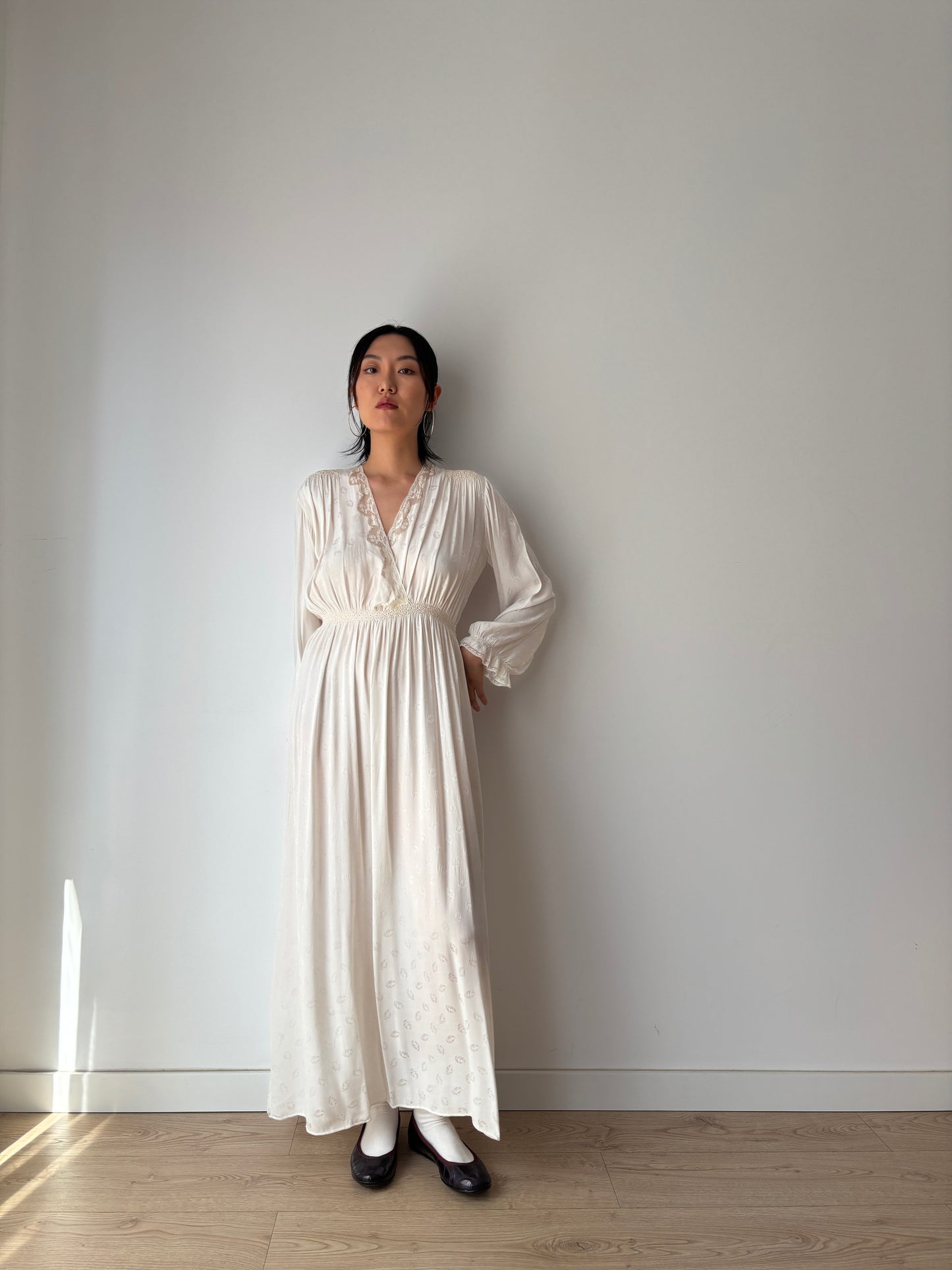 1940s Bridal Pure Silk Maxi Dress, White Embroidered Floral Wedding Gown