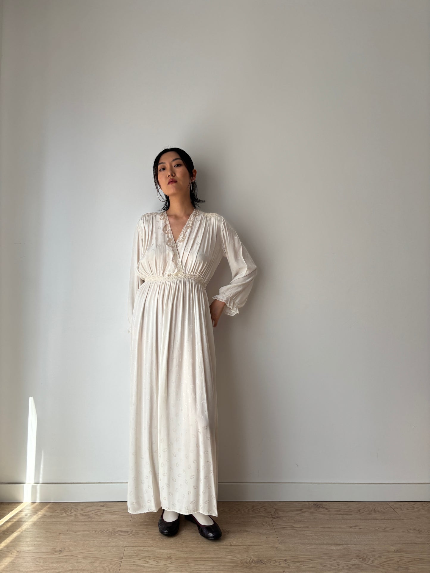 1940s Bridal Pure Silk Maxi Dress, White Embroidered Floral Wedding Gown