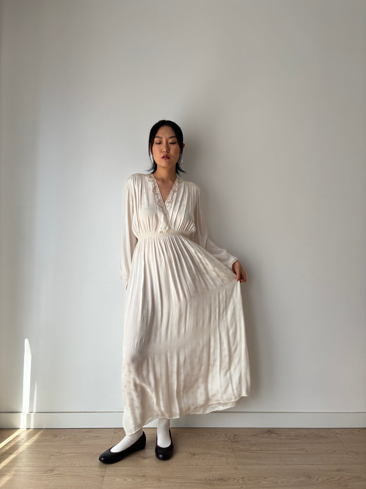 1940s Bridal Pure Silk Maxi Dress, White Embroidered Floral Wedding Gown