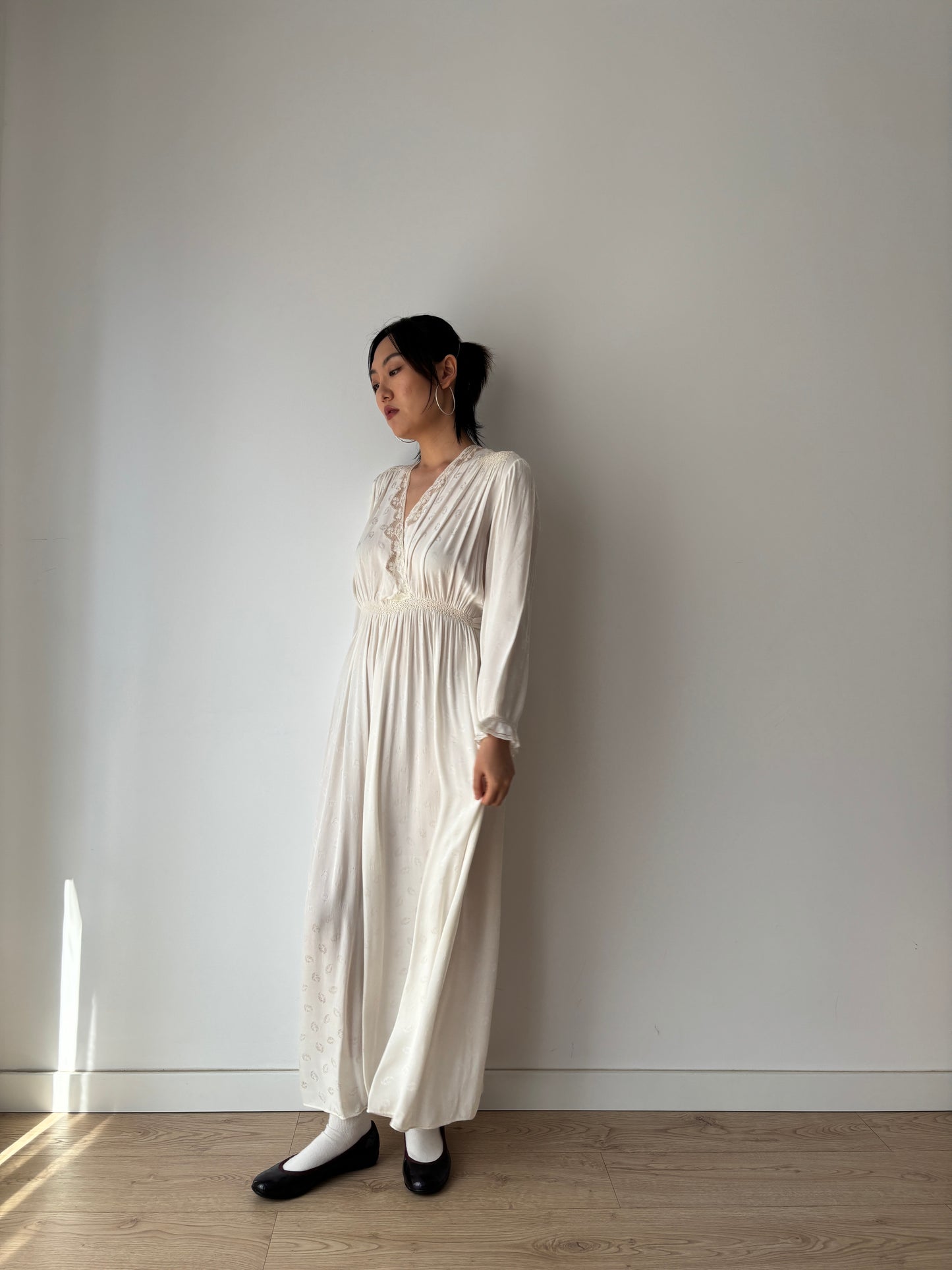 1940s Bridal Pure Silk Maxi Dress, White Embroidered Floral Wedding Gown