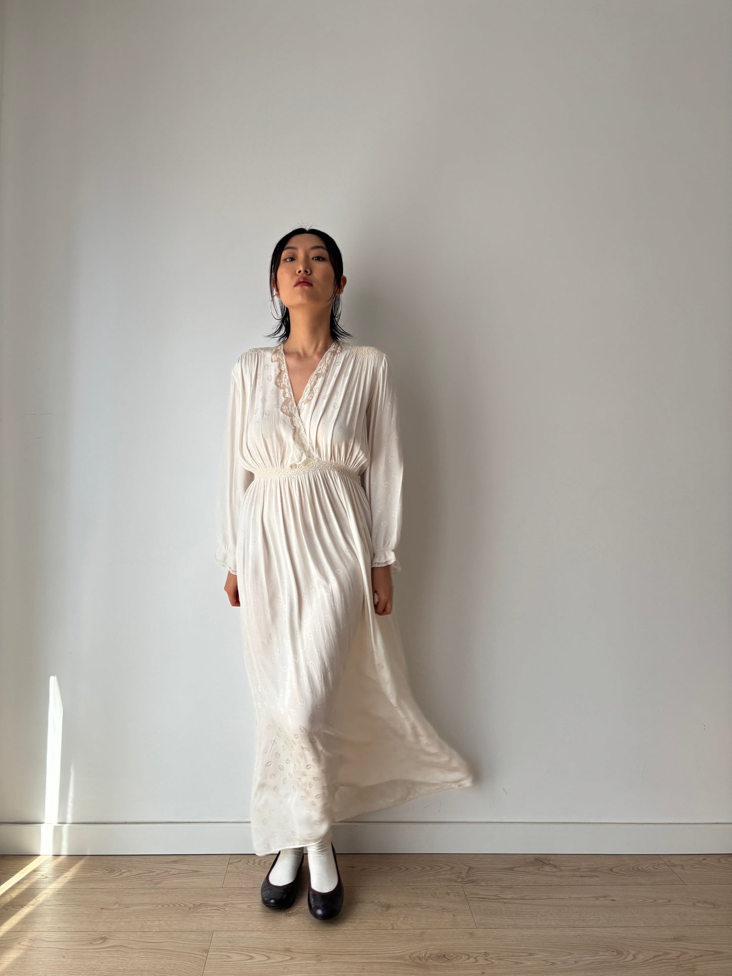 1940s Bridal Pure Silk Maxi Dress, White Embroidered Floral Wedding Gown