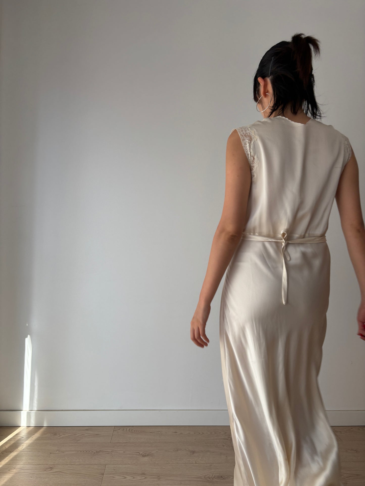 1930s Vintage Silk Bridal Nightgown, Lace Art Deco Bias Cut Maxi Slip Dress