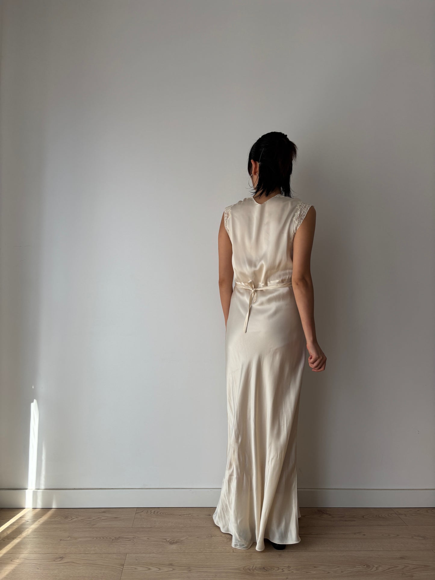 1930s Vintage Silk Bridal Nightgown, Lace Art Deco Bias Cut Maxi Slip Dress