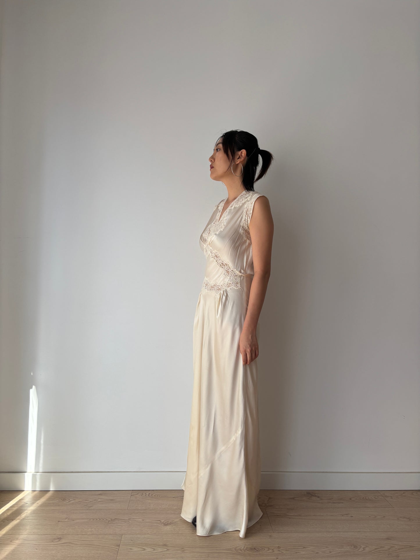 1930s Vintage Silk Bridal Nightgown, Lace Art Deco Bias Cut Maxi Slip Dress