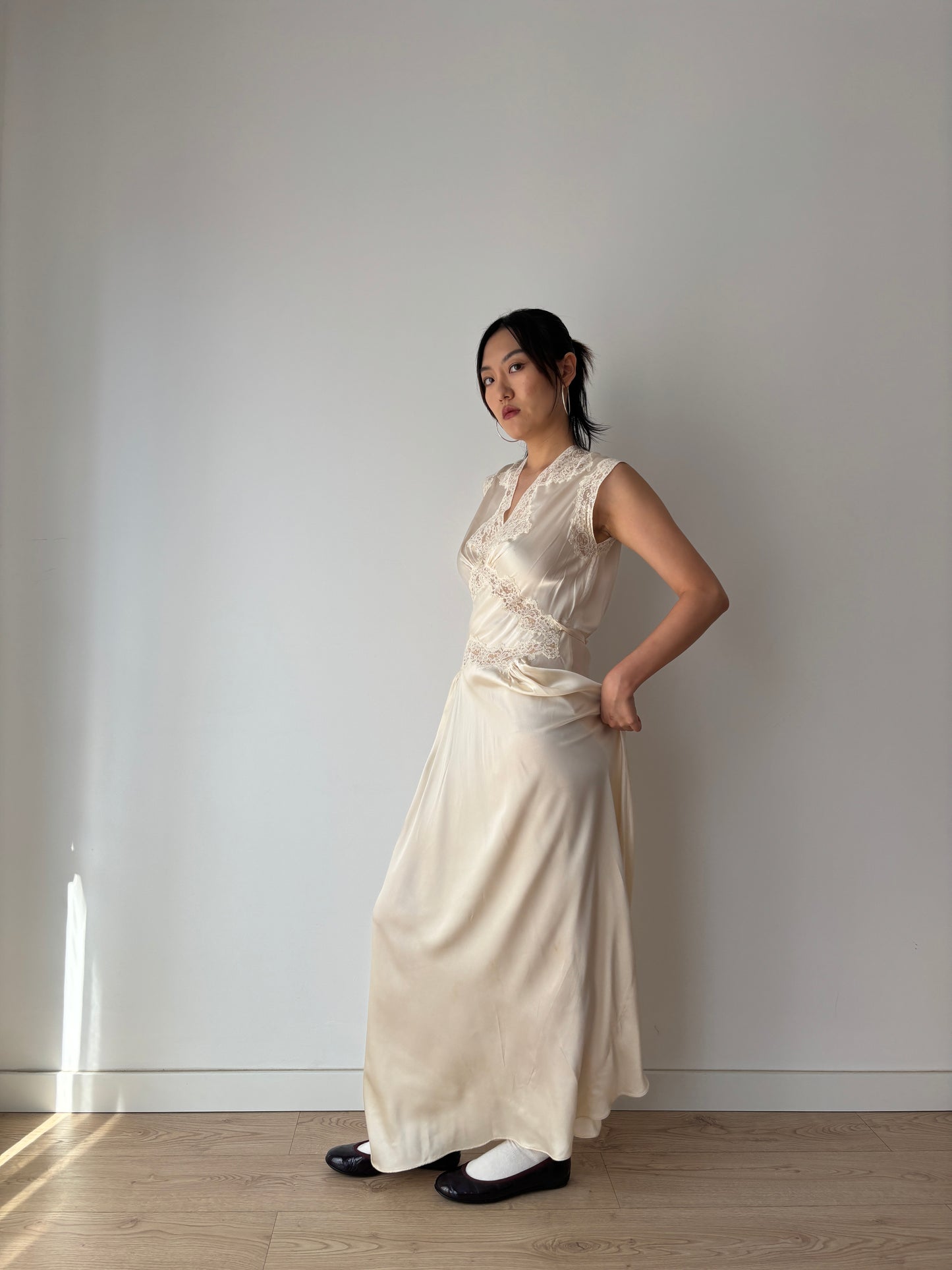 1930s Vintage Silk Bridal Nightgown, Lace Art Deco Bias Cut Maxi Slip Dress