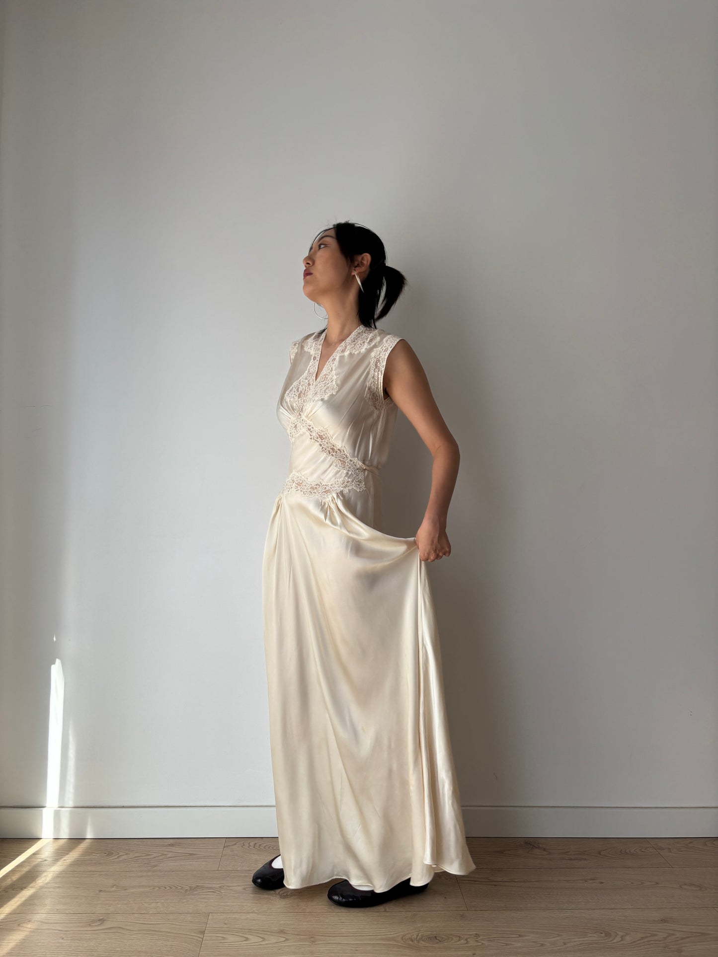1930s Vintage Silk Bridal Nightgown, Lace Art Deco Bias Cut Maxi Slip Dress