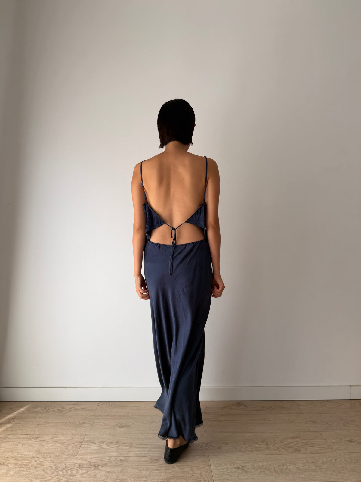 Vintage 90s Chic Y2K dark blue pure silk maxi lace dress