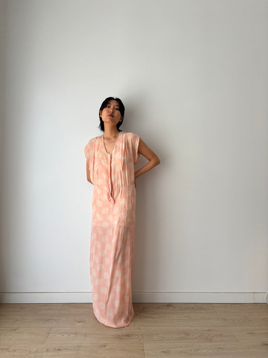1930s Pink Floral Silk Maxi Dress, Bias Cut Art Deco Gown
