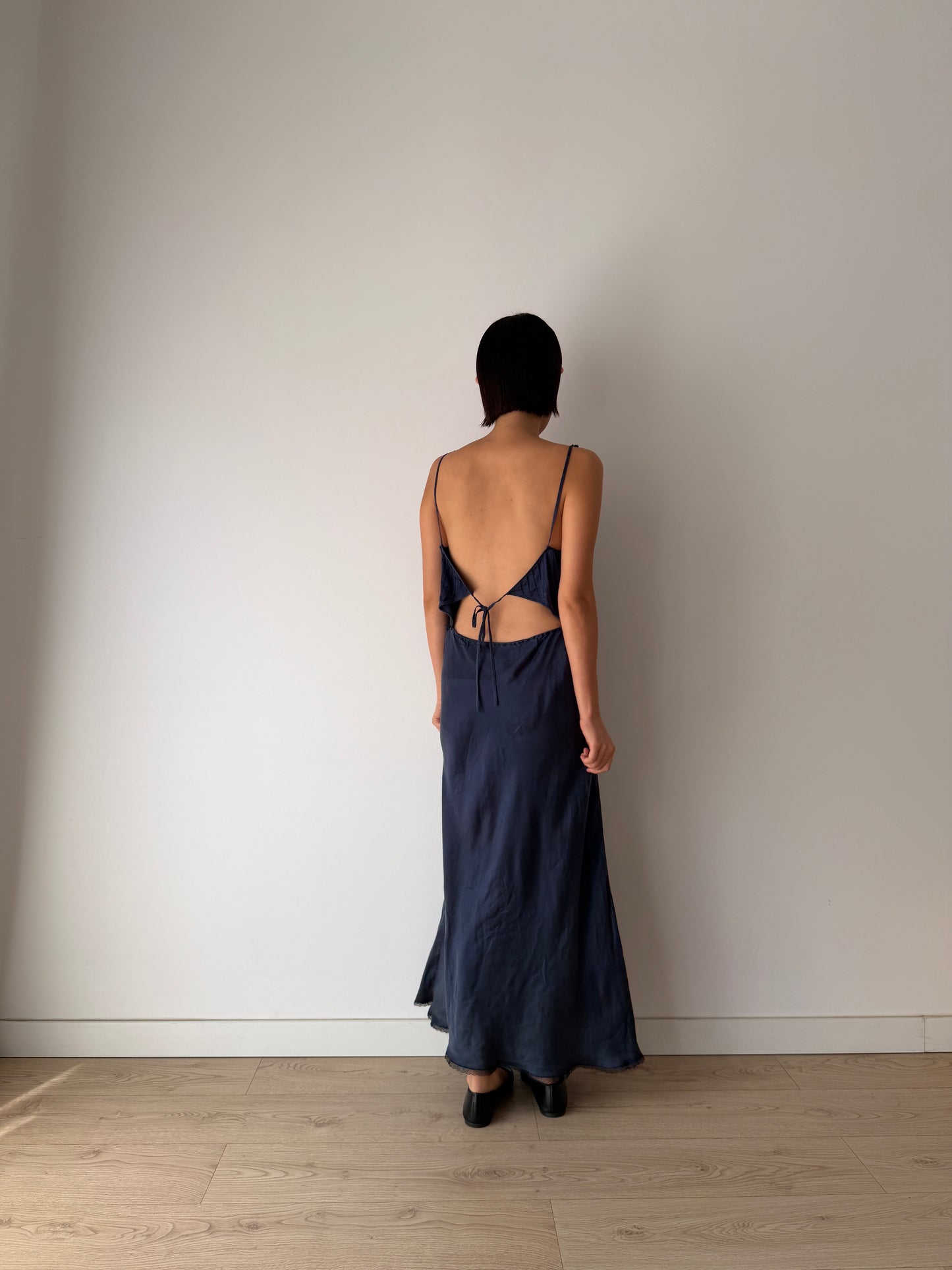 Vintage 90s Chic Y2K dark blue pure silk maxi lace dress