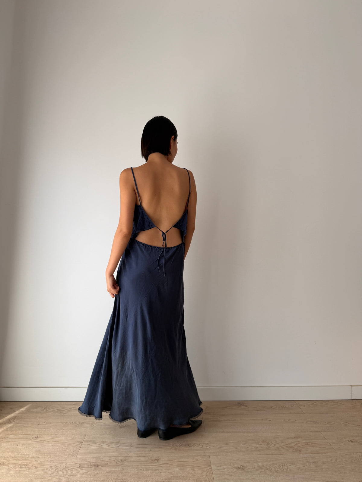 Vintage 90s Chic Y2K dark blue pure silk maxi lace dress