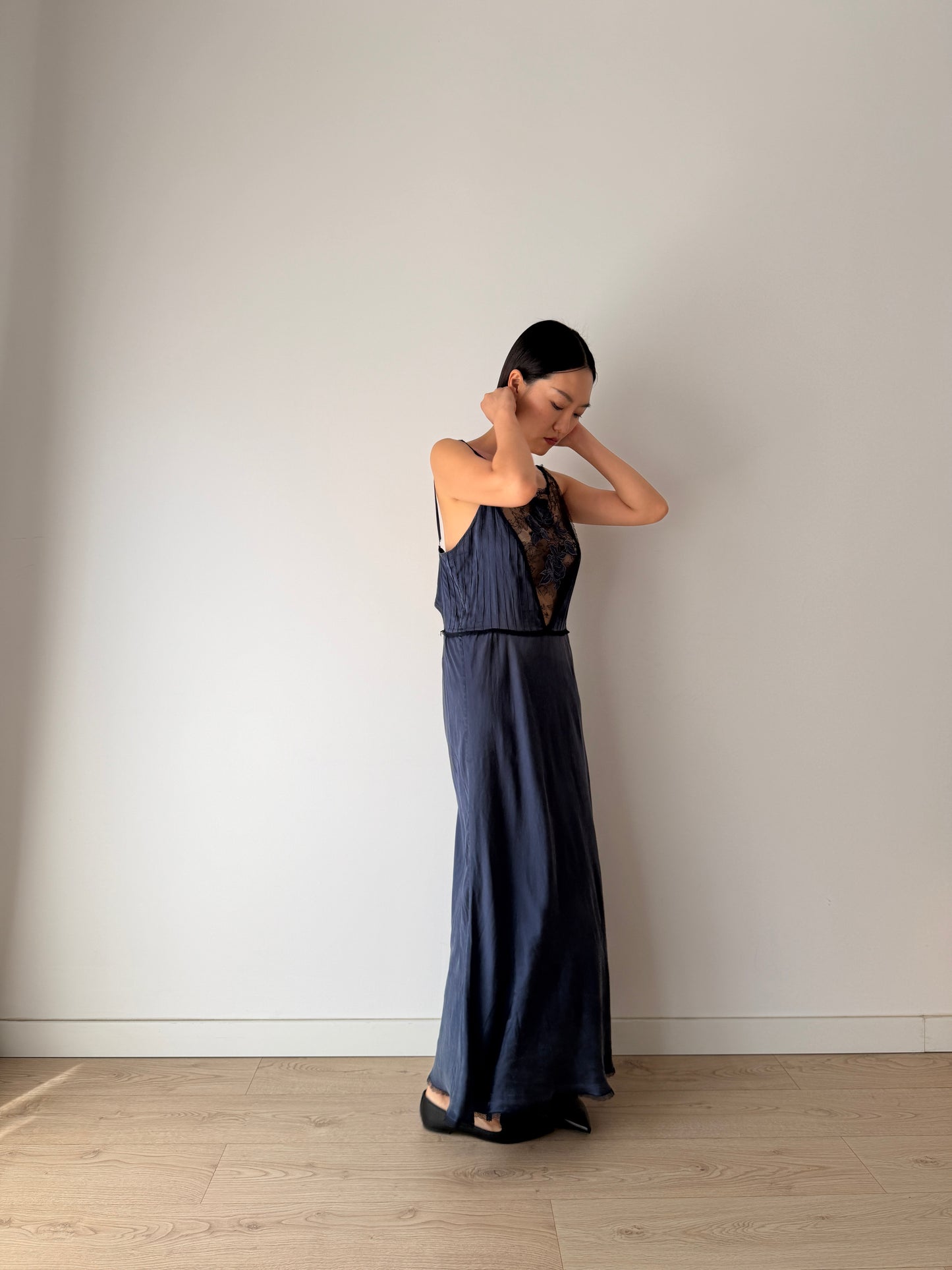 Vintage 90s Chic Y2K dark blue pure silk maxi lace dress