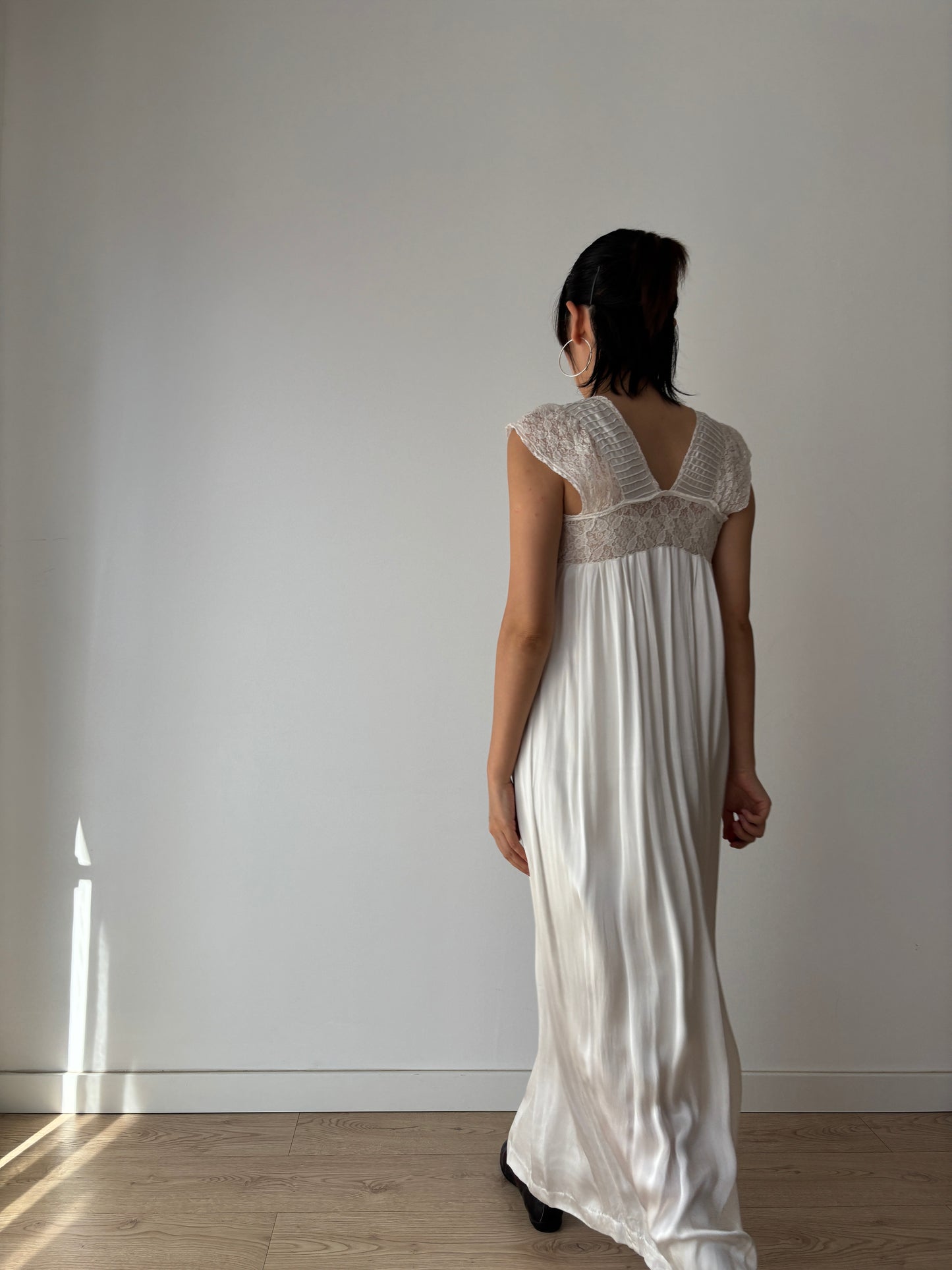 1950s Antique Silk Satin Bridal Dress, Floral Lace Maxi Gown