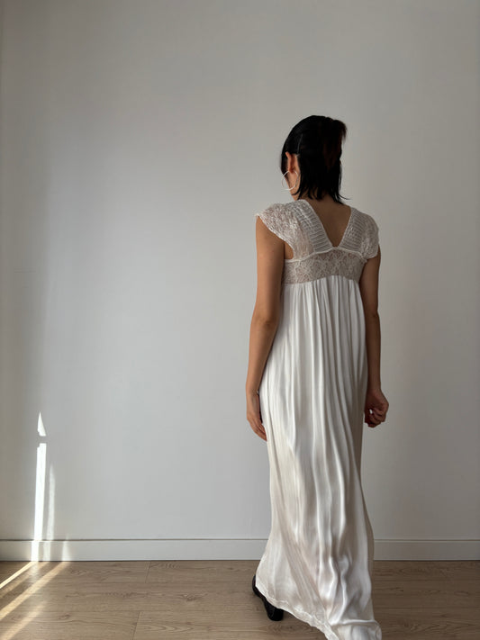 1950s Antique Silk Satin Bridal Dress, Floral Lace Maxi Gown