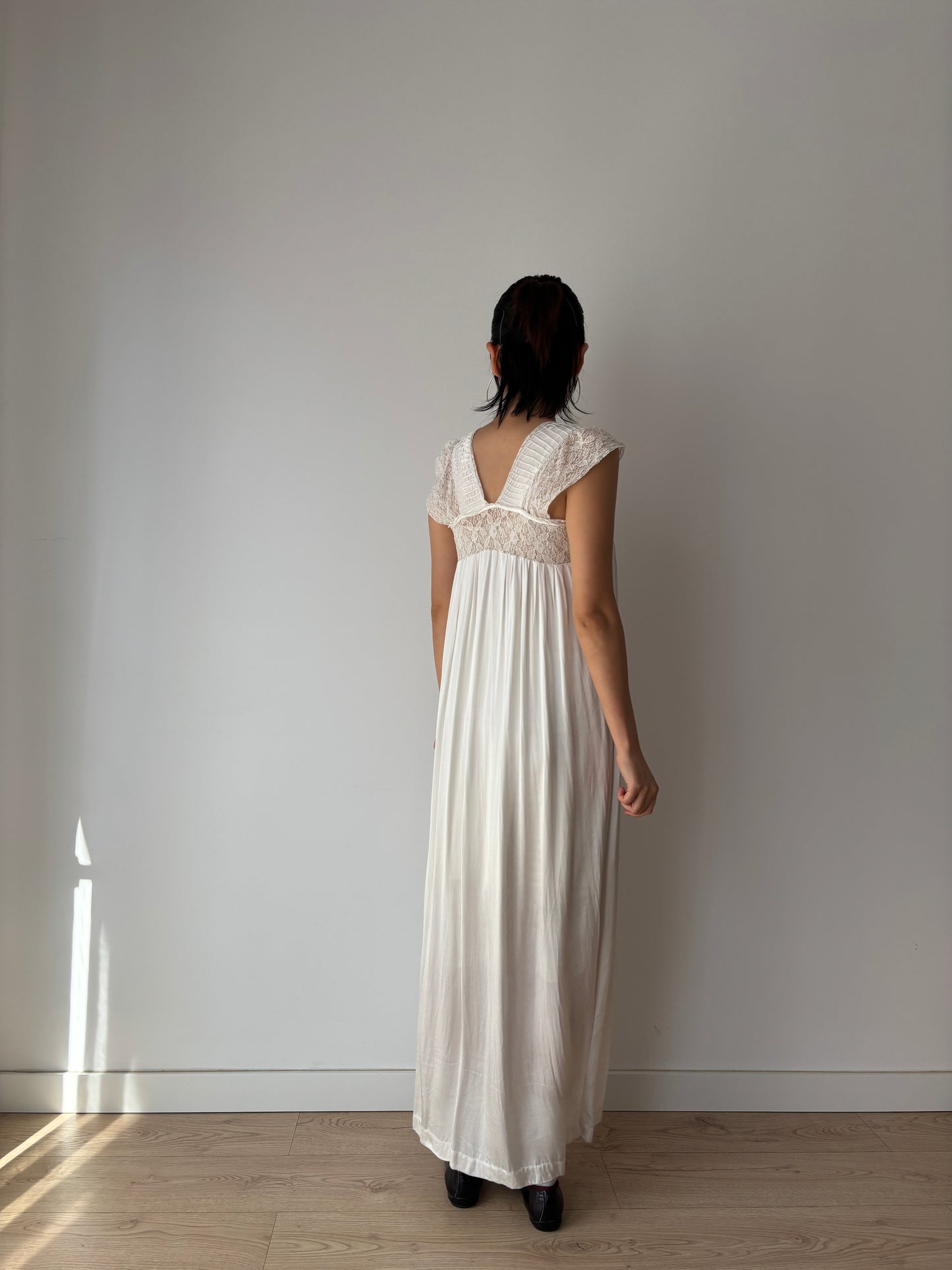 1950s Antique Silk Satin Bridal Dress, Floral Lace Maxi Gown