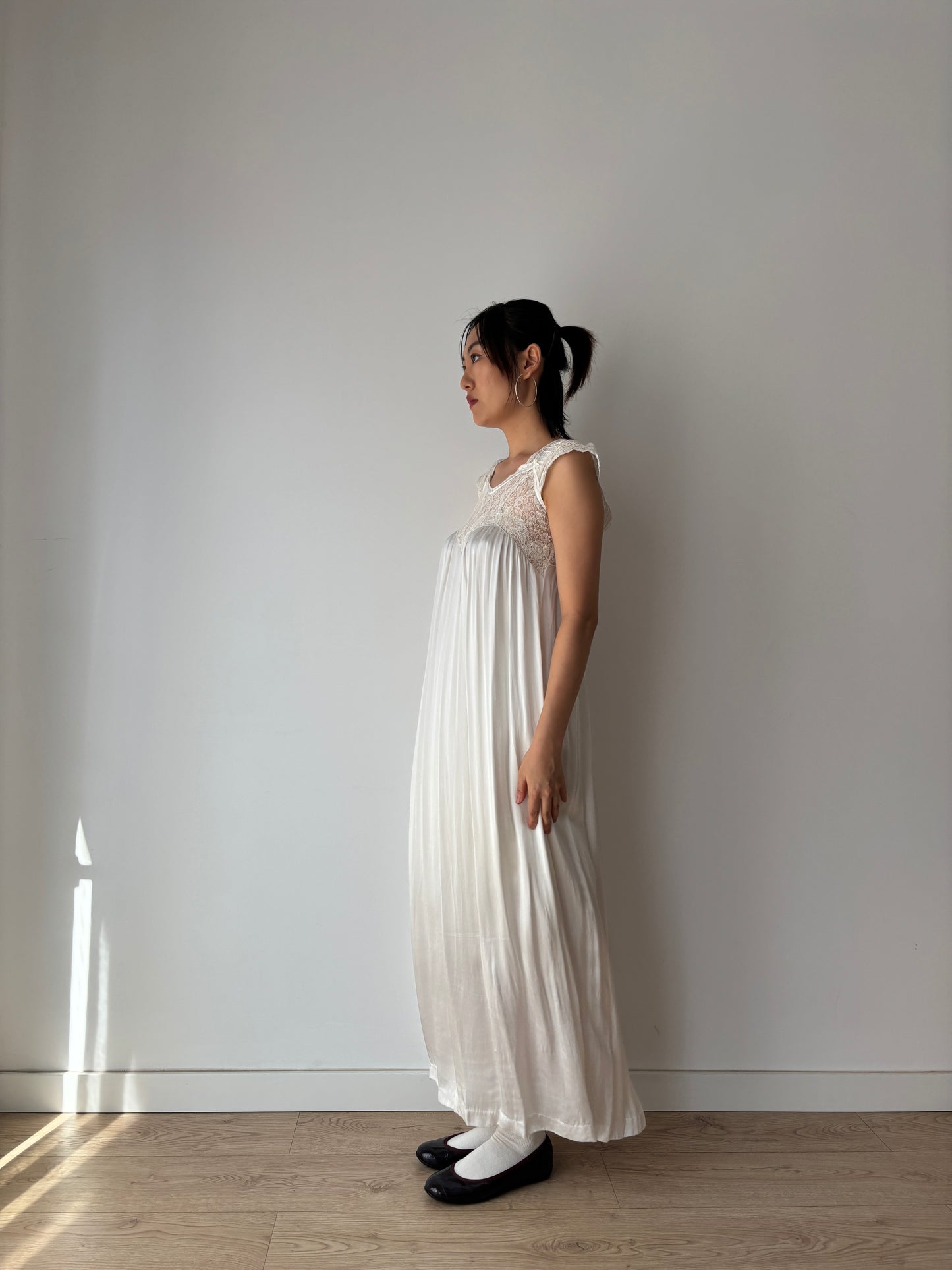 1950s Antique Silk Satin Bridal Dress, Floral Lace Maxi Gown