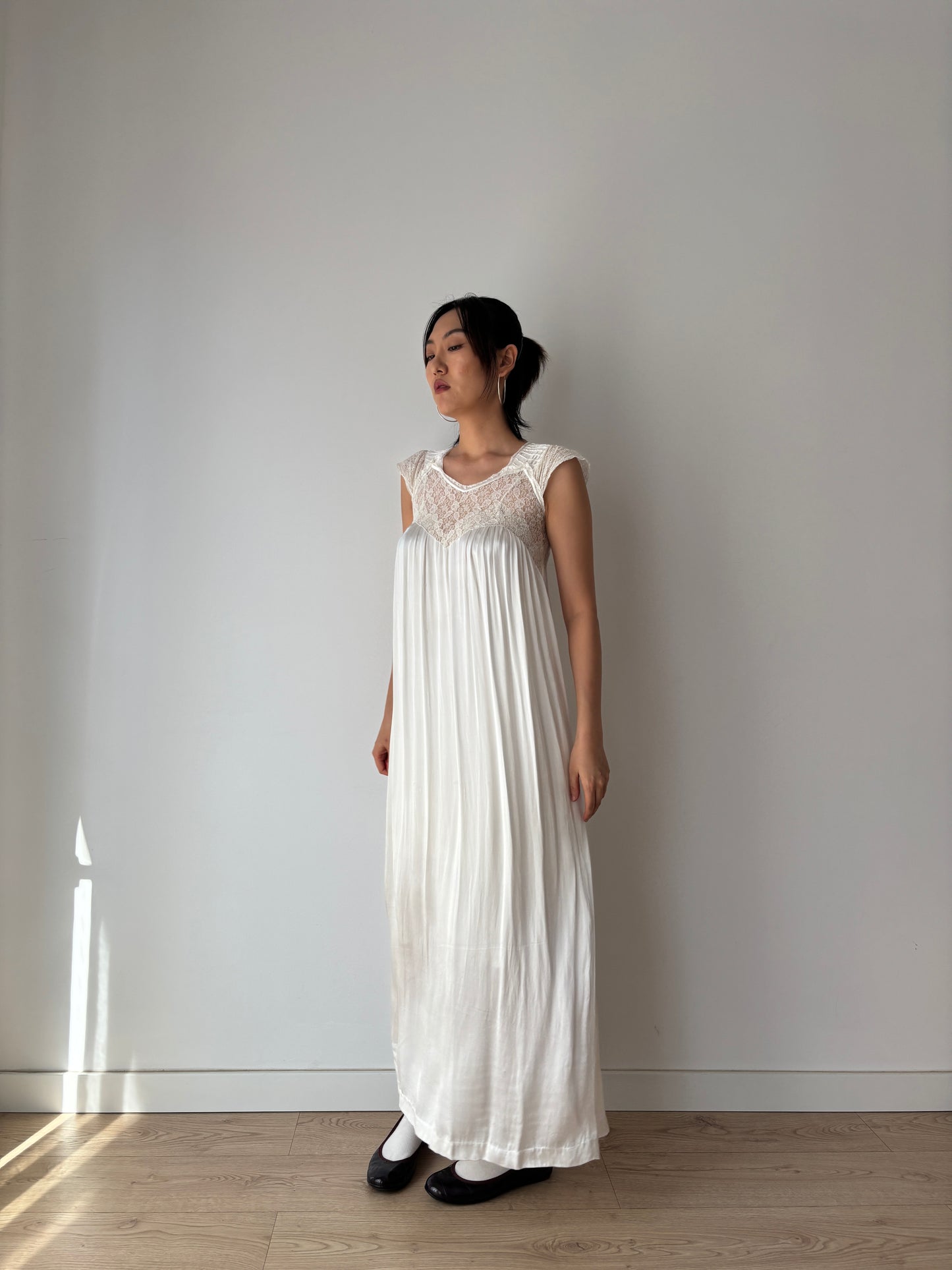 1950s Antique Silk Satin Bridal Dress, Floral Lace Maxi Gown