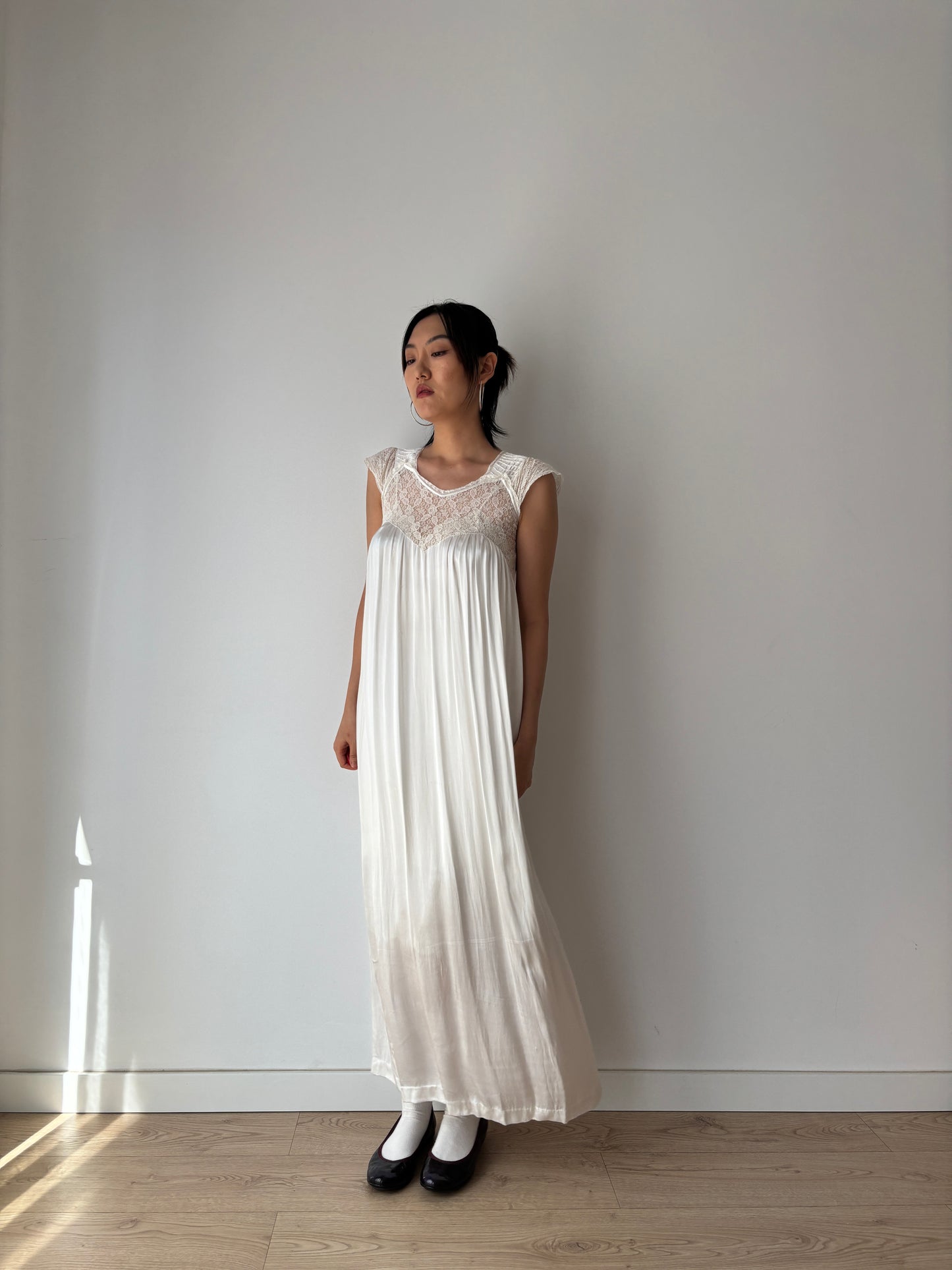 1950s Antique Silk Satin Bridal Dress, Floral Lace Maxi Gown