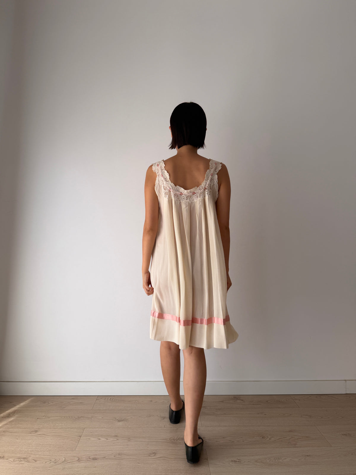 Vintage Romantic Silk Slip Dress With Bow Pink Ribbon | French Applique Lace, Bridal Lingerie