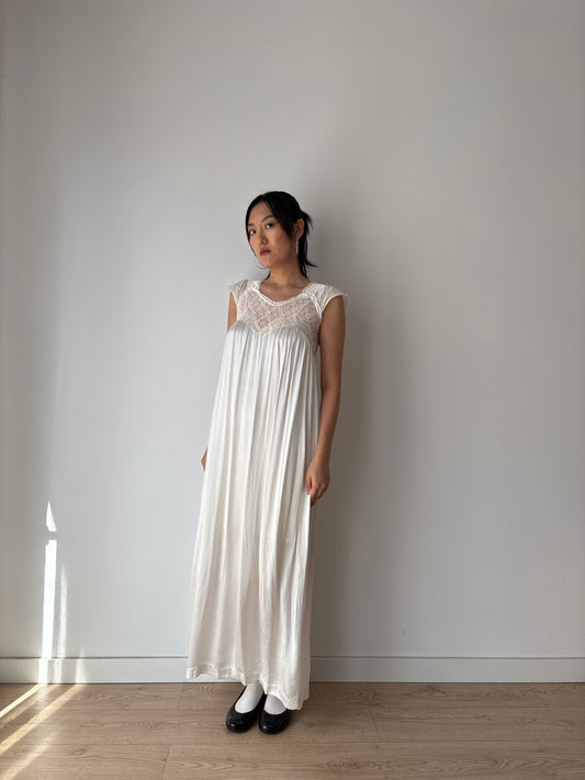 1950s Antique Silk Satin Bridal Dress, Floral Lace Maxi Gown