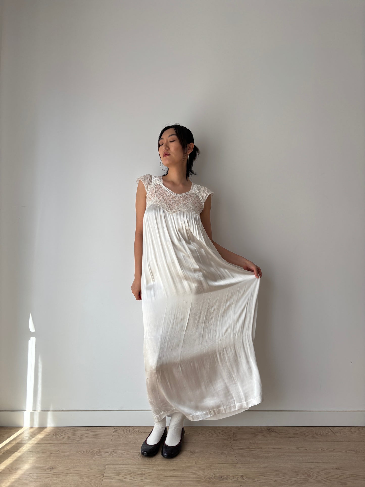 1950s Antique Silk Satin Bridal Dress, Floral Lace Maxi Gown