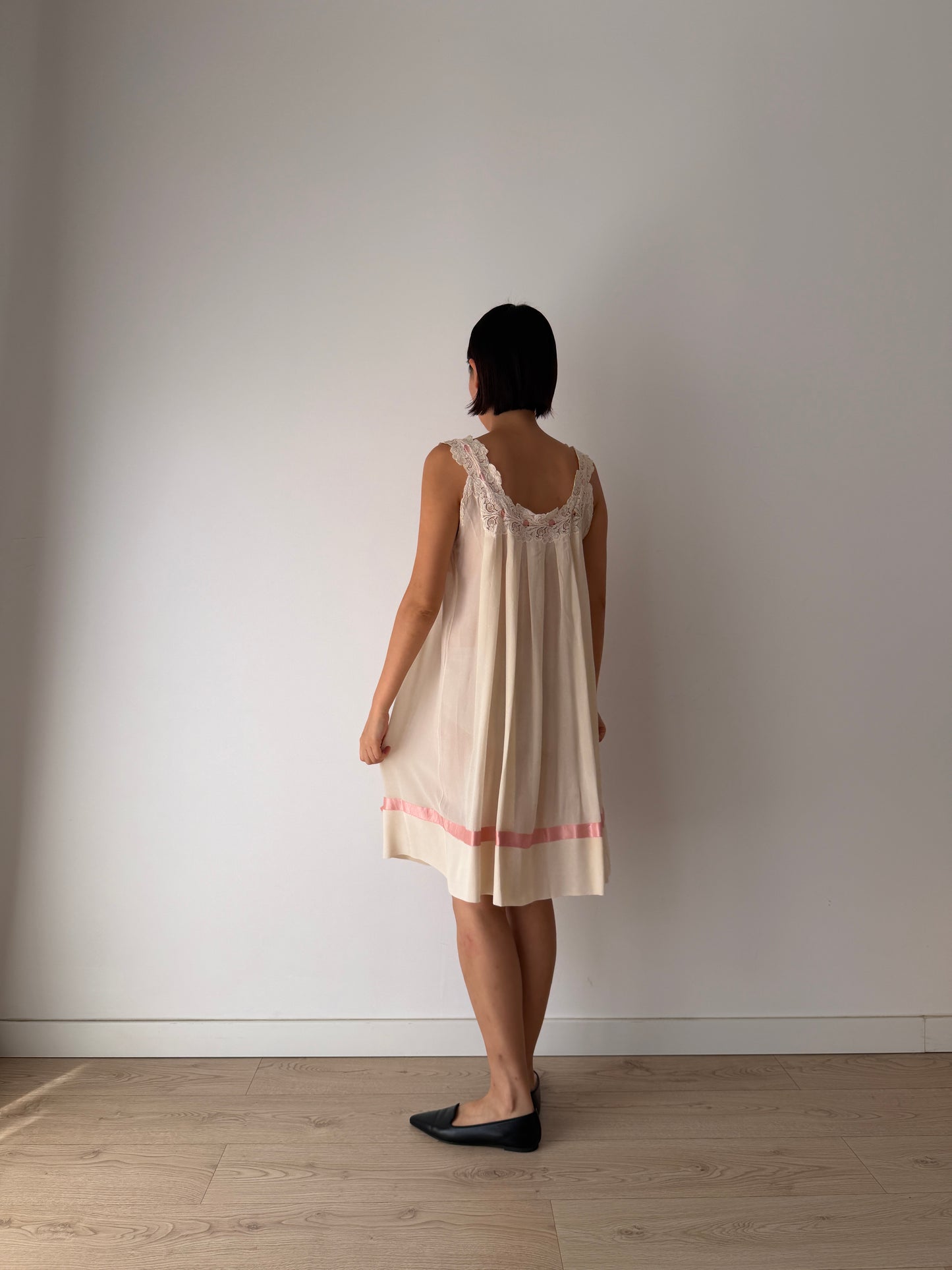 Vintage Romantic Silk Slip Dress With Bow Pink Ribbon | French Applique Lace, Bridal Lingerie