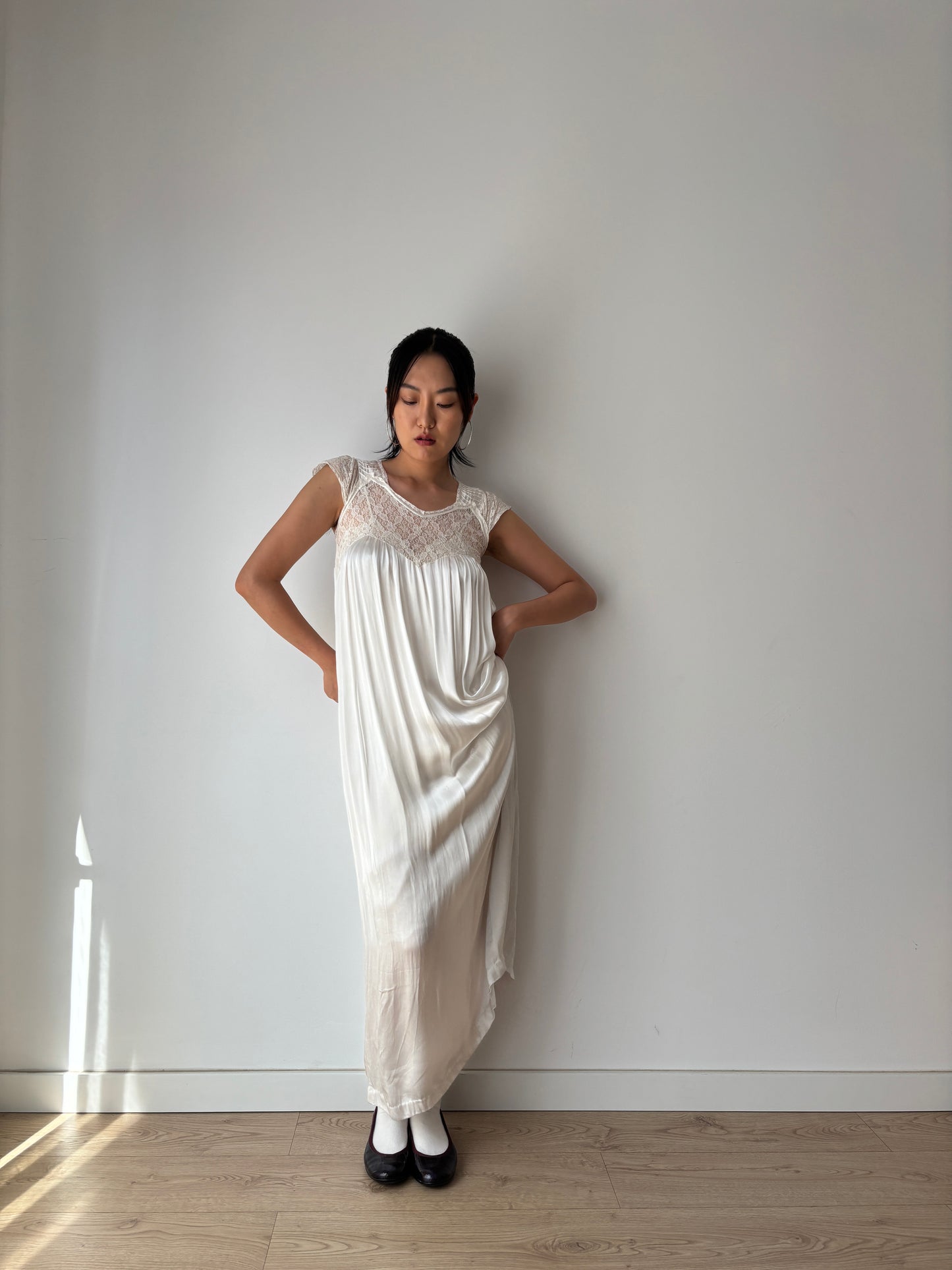 1950s Antique Silk Satin Bridal Dress, Floral Lace Maxi Gown