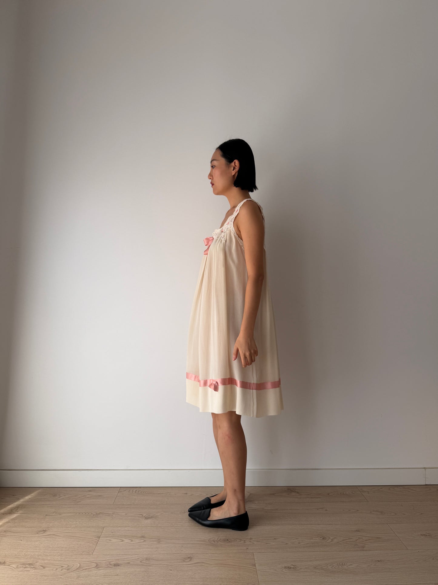 Vintage Romantic Silk Slip Dress With Bow Pink Ribbon | French Applique Lace, Bridal Lingerie