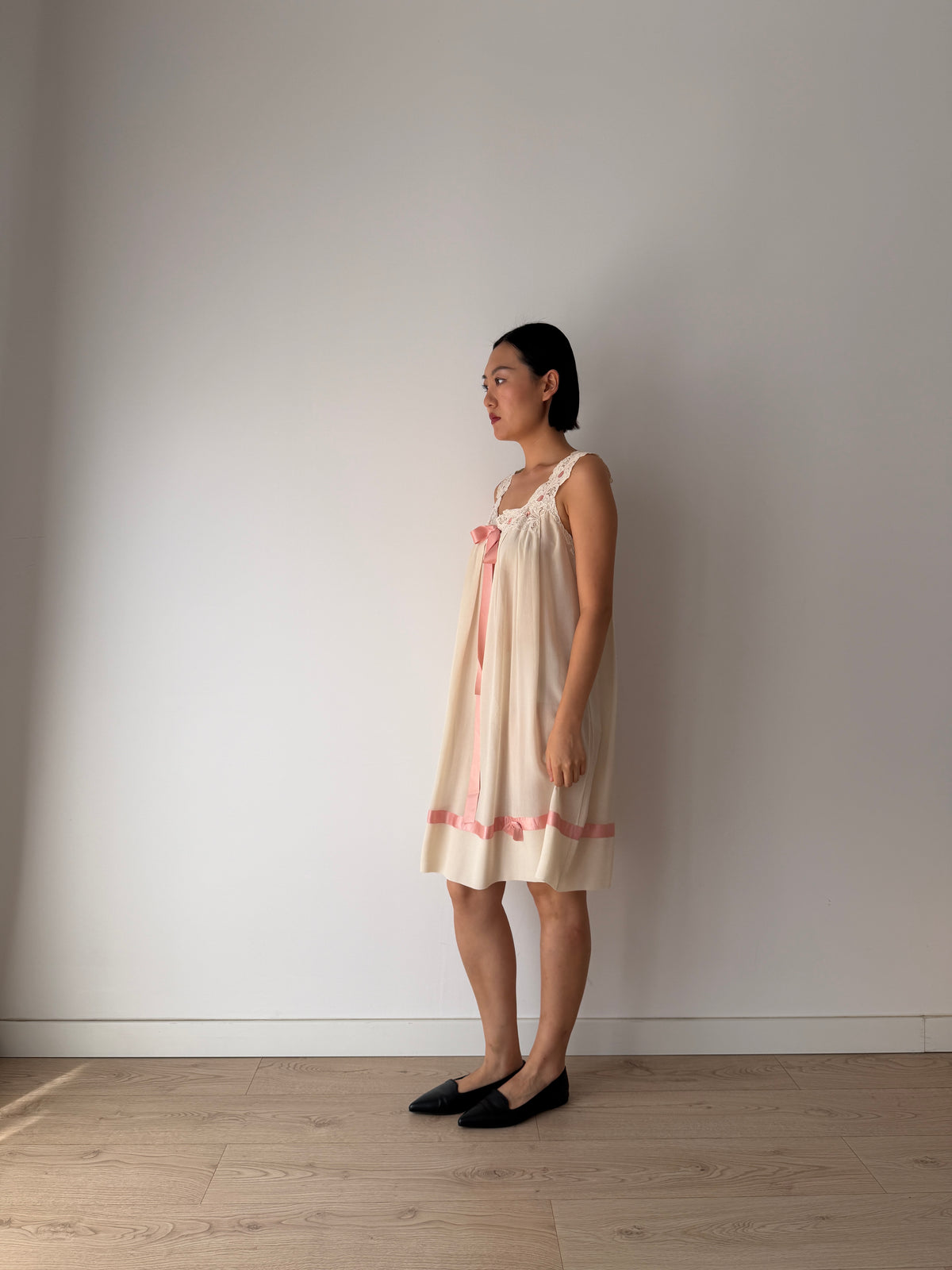 Vintage Romantic Silk Slip Dress With Bow Pink Ribbon | French Applique Lace, Bridal Lingerie