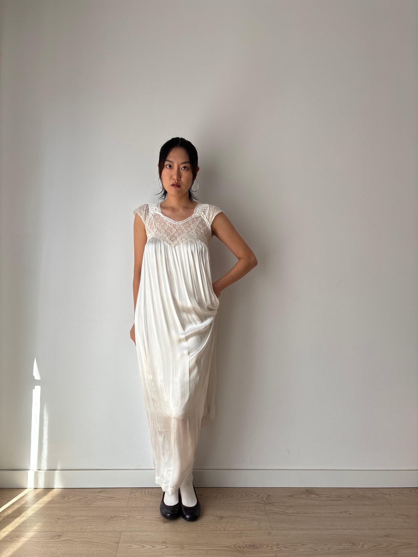 1950s Antique Silk Satin Bridal Dress, Floral Lace Maxi Gown