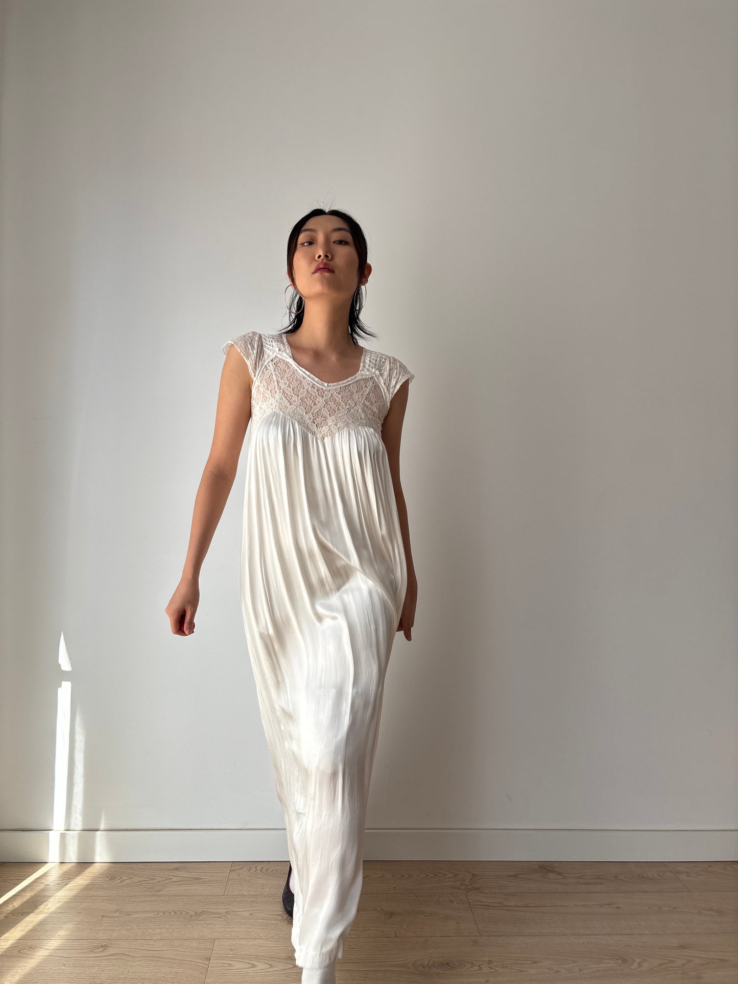 1950s Antique Silk Satin Bridal Dress, Floral Lace Maxi Gown