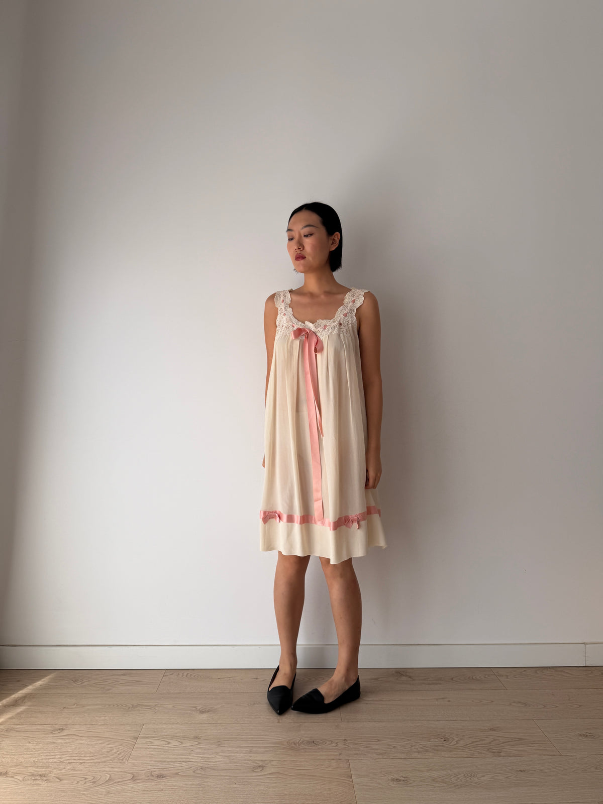 Vintage Romantic Silk Slip Dress With Bow Pink Ribbon | French Applique Lace, Bridal Lingerie